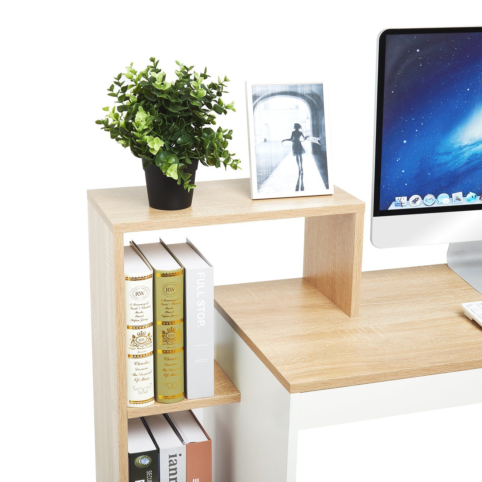Mondeer Schreibtisch Ablagefach, mit Computertisch, Weiß+Natur