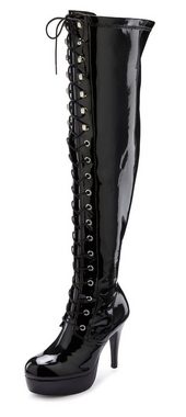 LASCANA Belle Affaire Overkneestiefel mit Plateau und Lack-Optik, erotische High-Heel Stiefelette