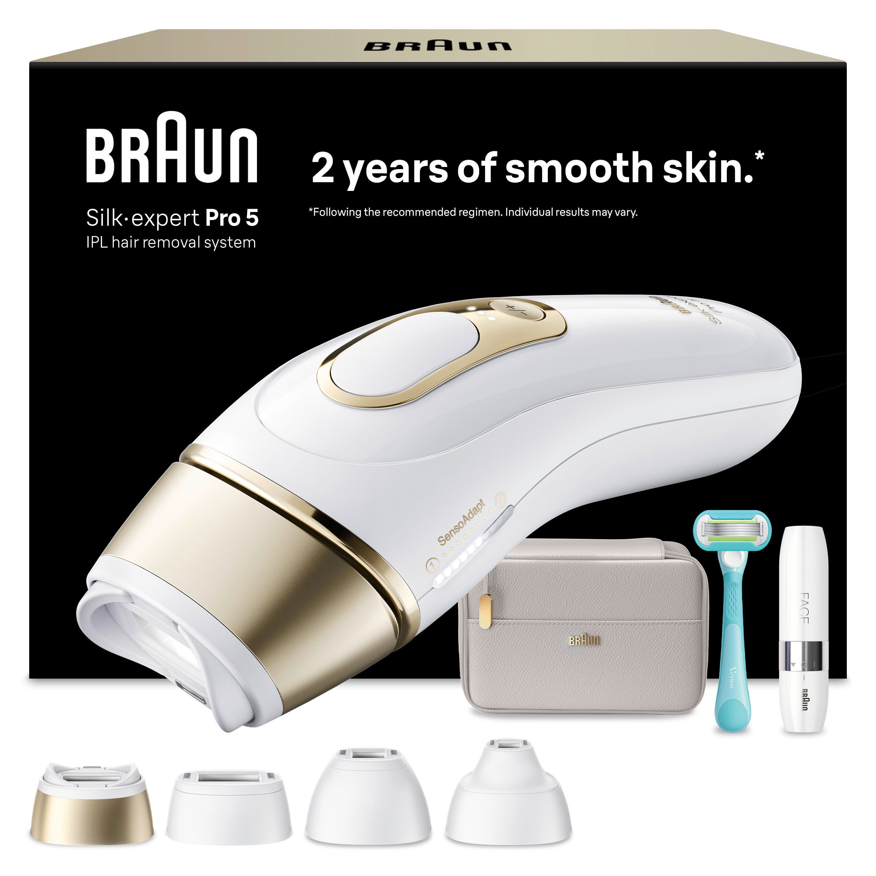 Braun IPL-Haarentferner Silk-expert Pro IPL PL5412, 400.000 Lichtimpulse, dauerhafte Haarreduktion, Tasche, Mini-Gesichtsrasierer, 4 Aufsätze