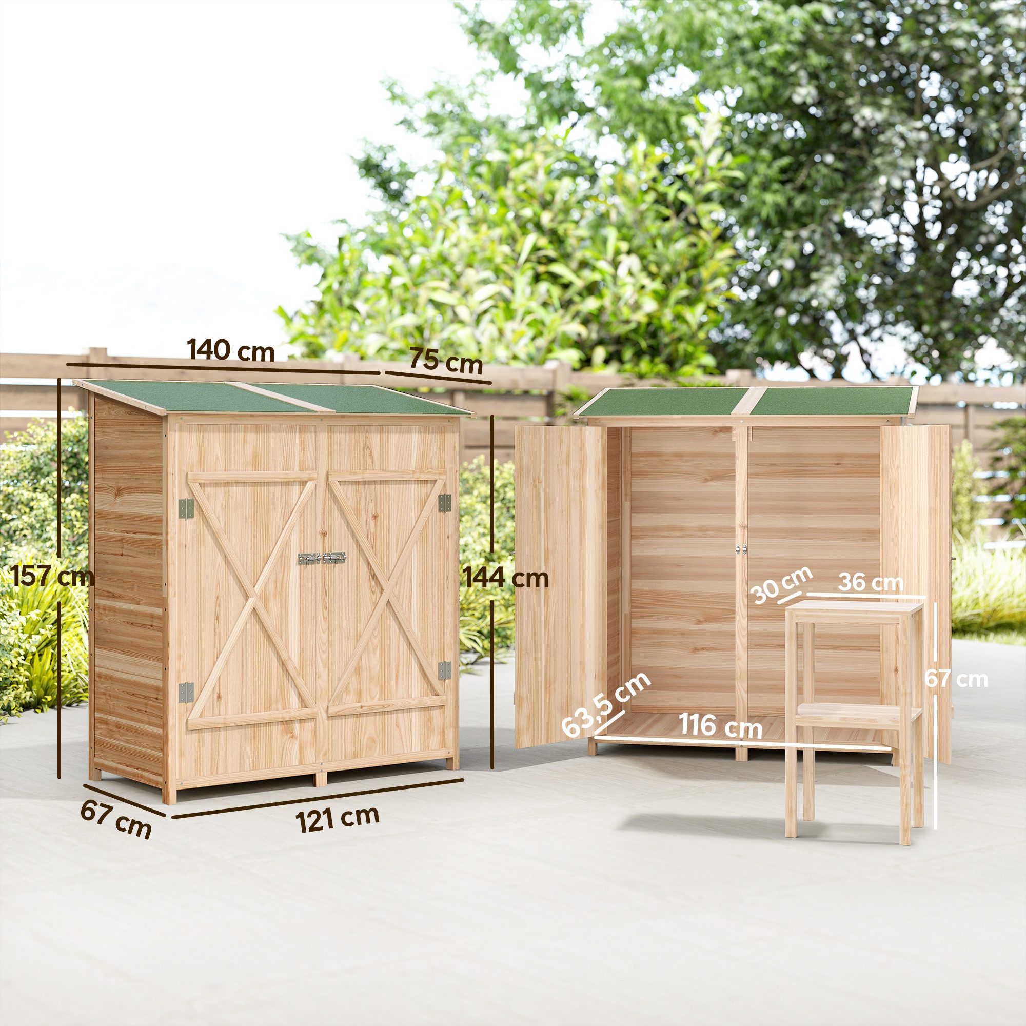 Outsunny Gerätehaus Gartenschrank Geräteschuppen mit 2 Tür mit Asphaltdach, BxT: 140x75 cm, (Geräteschuppen, 1 St., Gartenschrank aus Holz), für Garten, Terrass – Bild 3 von 5