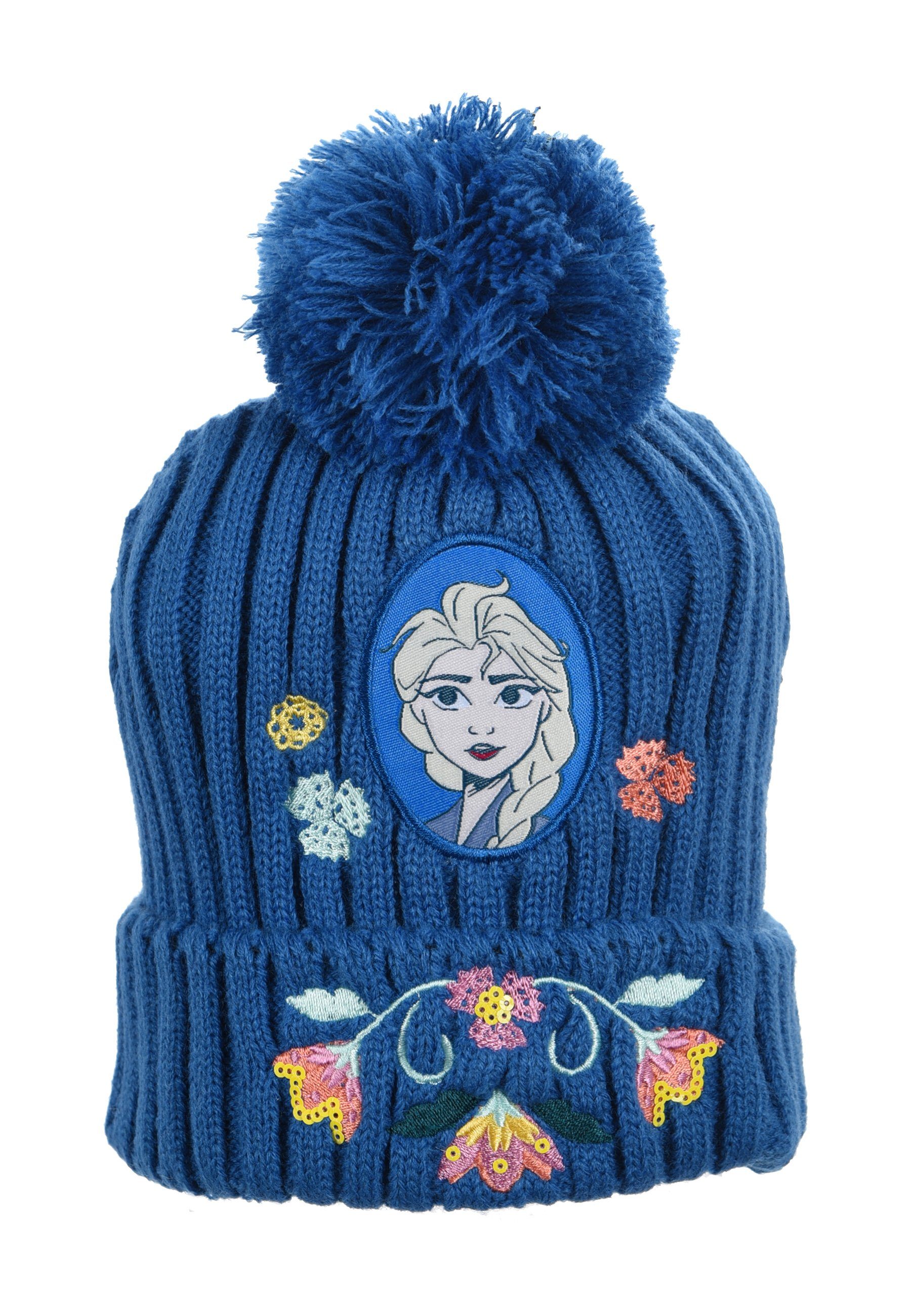 Frozen Bommelmütze Kinder Winter-Mütze Blau Mädchen Elsa Strick Disney Eiskönigin Mütze
