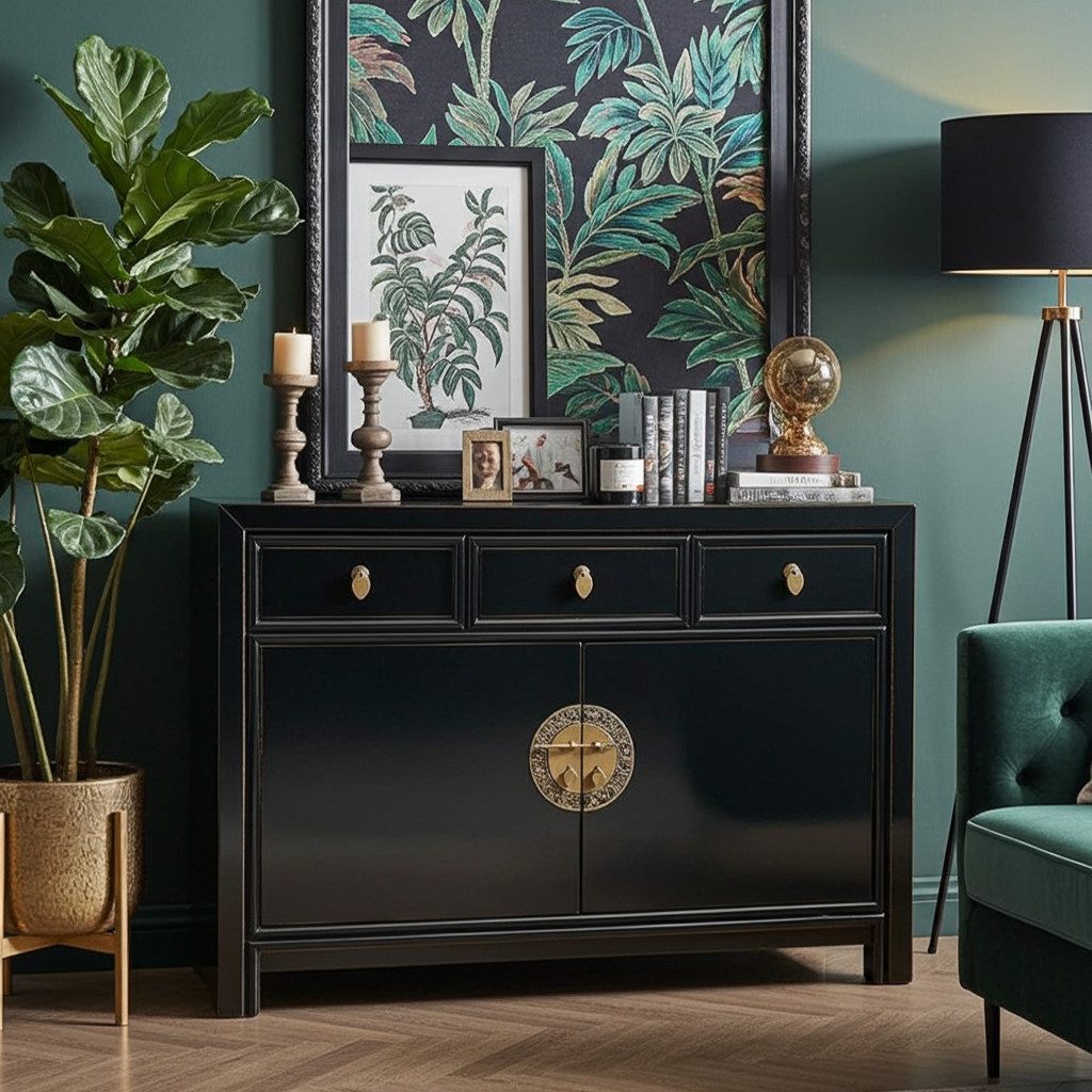 OPIUM OUTLET Kommode Vintage Schrank Sideboard schwarz asiatisch chinesisch orientalisch (B x T x H: 117 x 40 x 85 cm, Anrichte Buffet), Asia Möbel Hochzeitsschrank komplett montiert