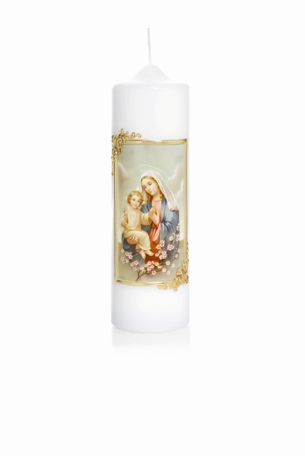 INNA-Glas Stumpenkerze Church Candle ARLETTA, verziert, weiß-bunt, 20cm, Ø5,8cm