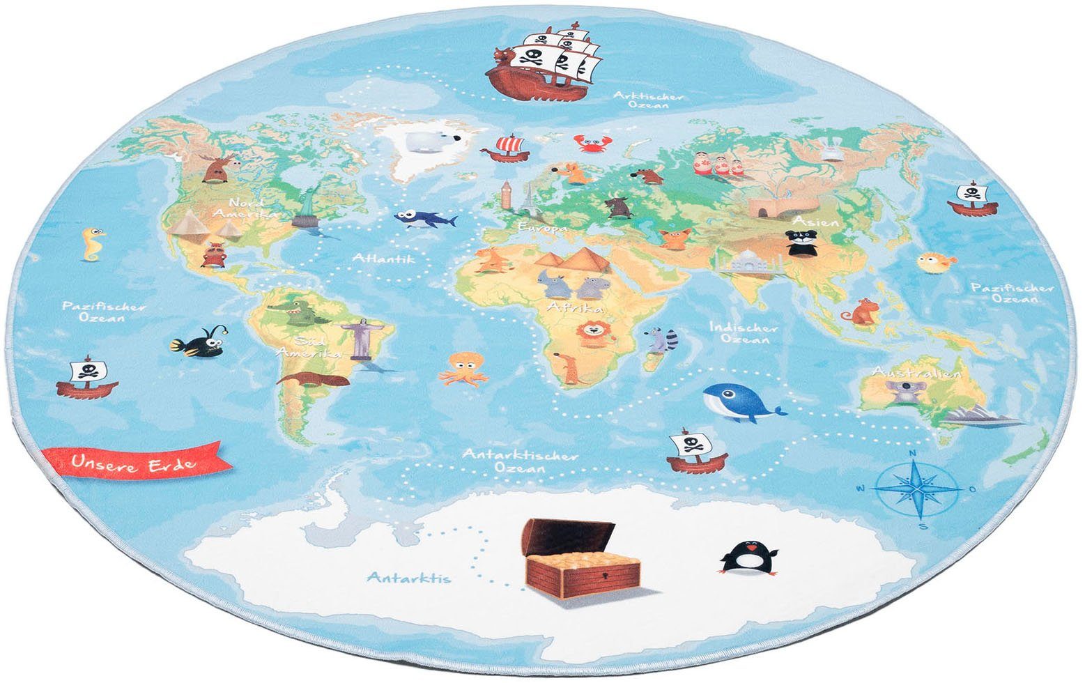 Kinderteppich Weltkarte, Böing Carpet, rund, Höhe: 4 mm, bedruckt, Motiv Weltkarte, waschbar, Kinderzimmer | Kurzflor-Teppiche