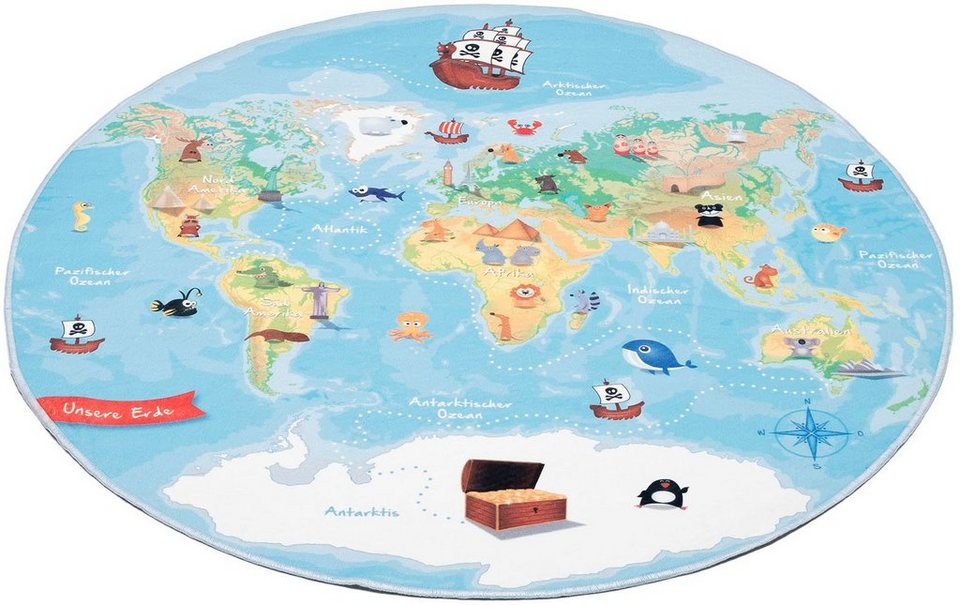 Kinderteppich Weltkarte, Böing Carpet, rund, Höhe: 4 mm, bedruckt, Motiv  Weltkarte, waschbar, Kinderzimmer