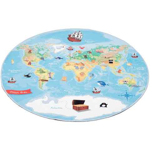 Kinderteppich Weltkarte, Böing Carpet, rund, Höhe: 4 mm, bedruckt, Motiv Weltkarte, waschbar, Kinderzimmer