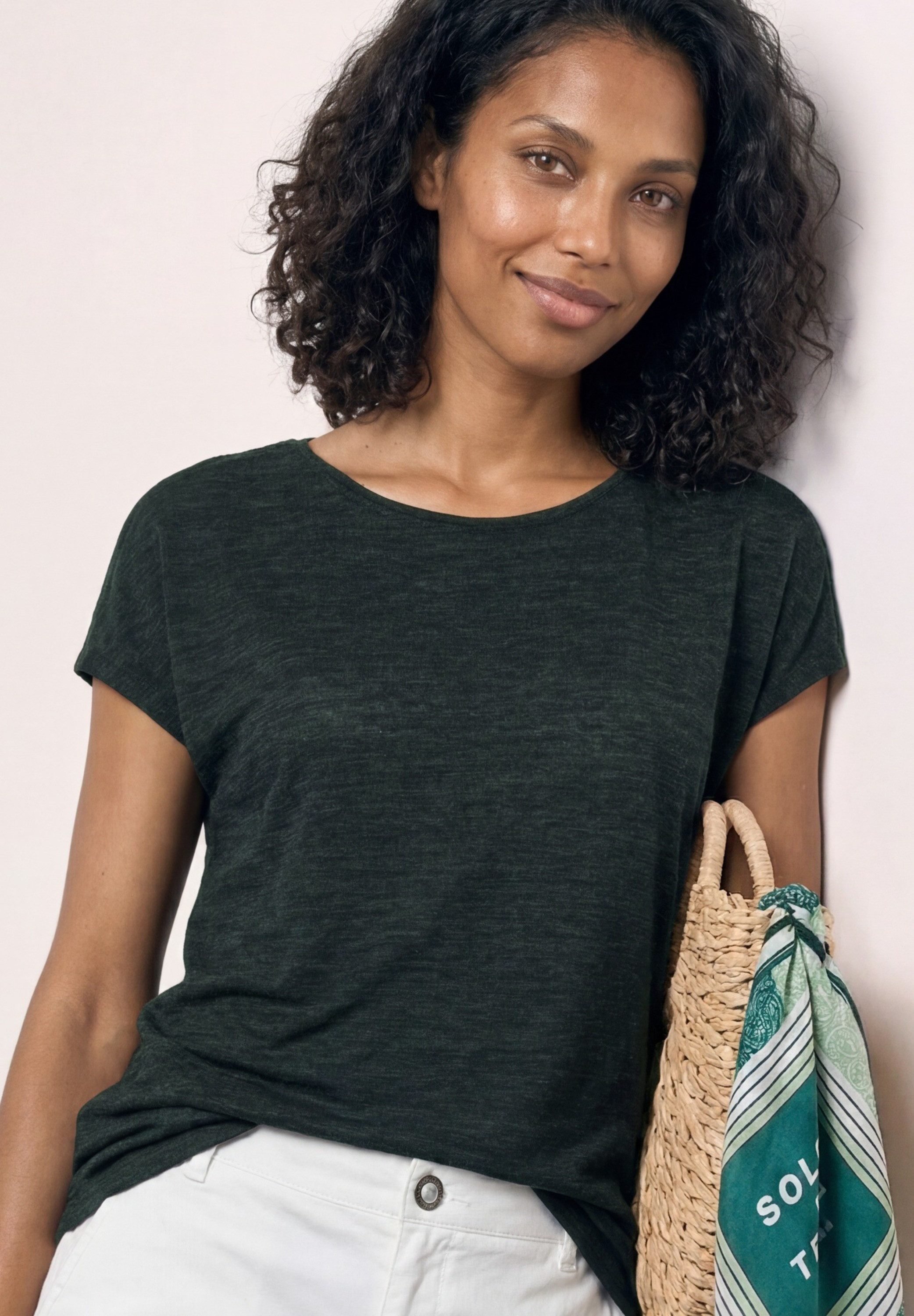 STREET ONE Shirttop Sommershirt mit Boat Neck und Smok-Detail
