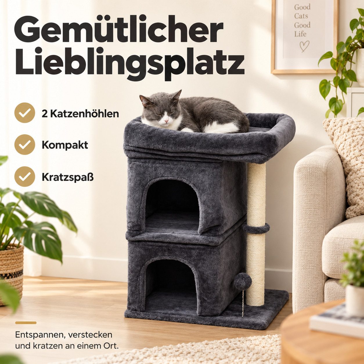 MIBODE Kratzbaum-Liegemulde Katzenturm mit 2 Höhlen, Plattform & Sisalpfosten, Polyester, 2 Katzenhöhlen, Sisal-Kratzpfosten, Spielball, platzsparend