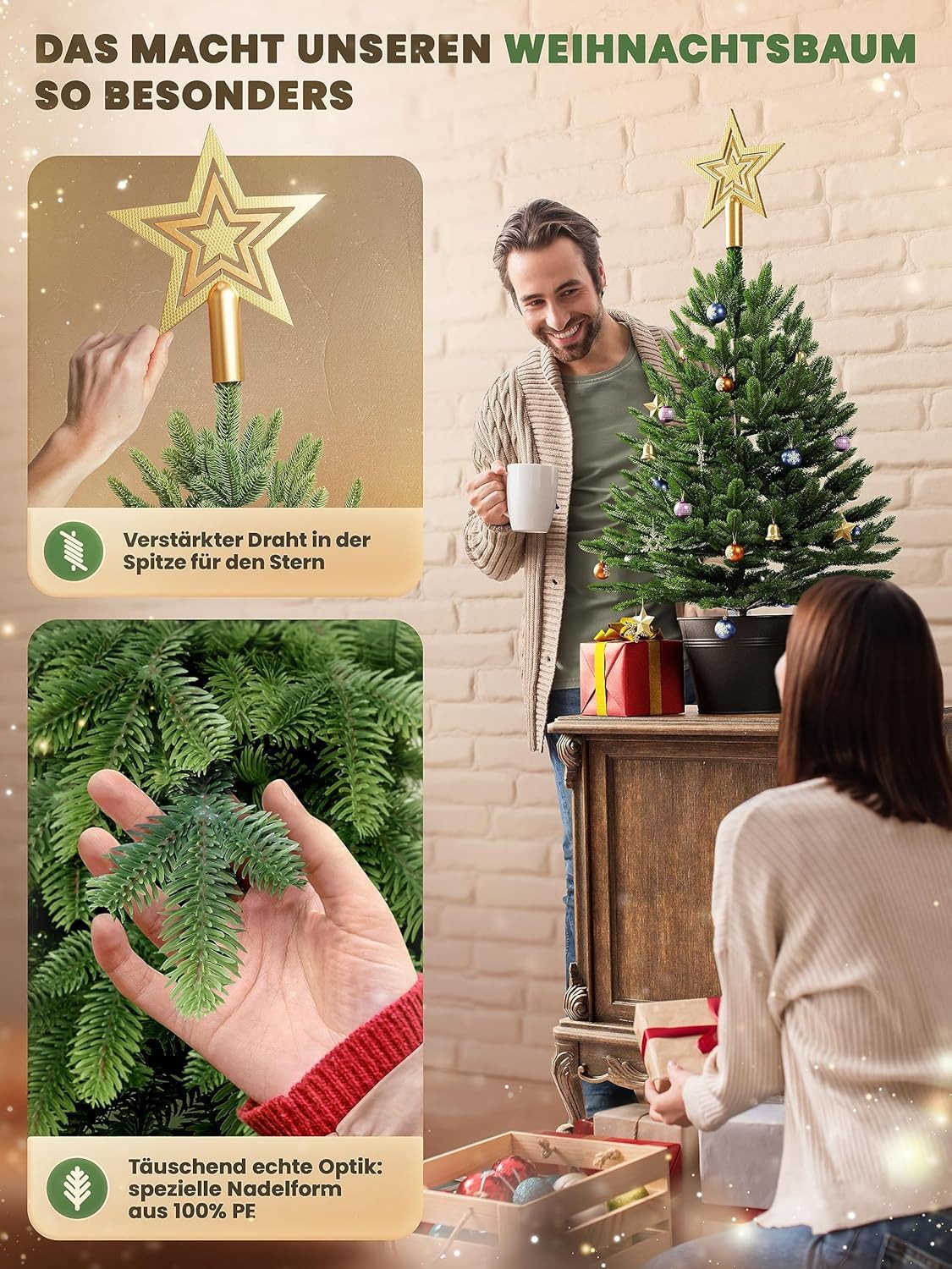 ArtiTree Künstlicher Weihnachtsbaum Künstliche Nordfichte im Topf - mit und ohne LED, Kleiner Topfbaum, 100 % PE-Spritzgussnadeln, Langlebig, Naturgetreu