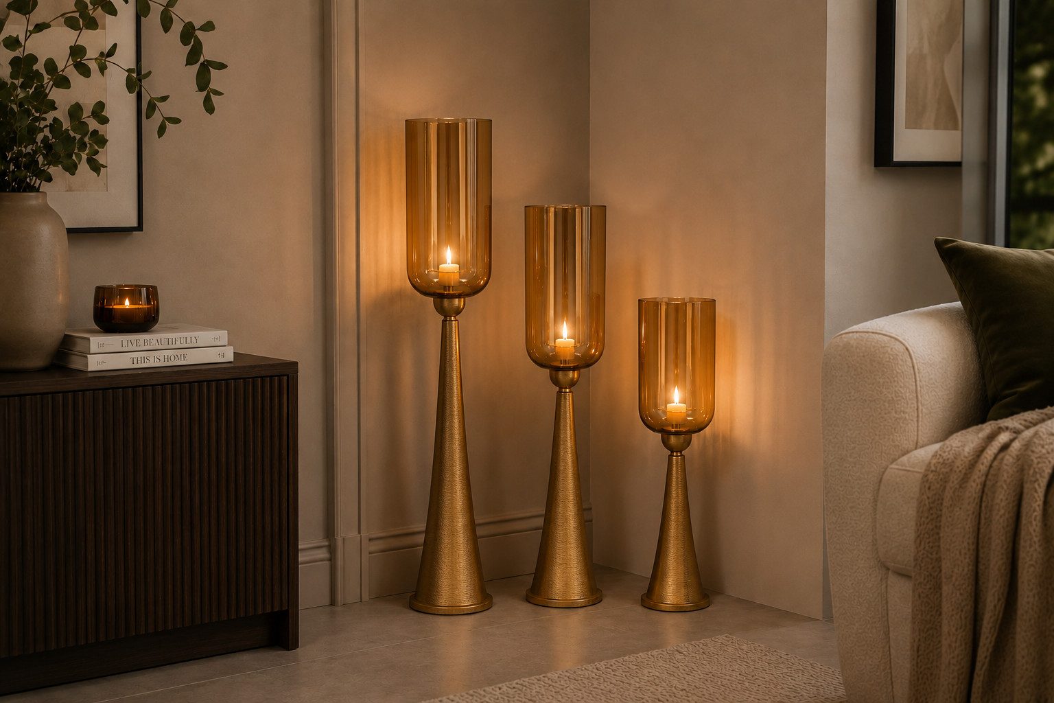 finehomegarden Bodenwindlicht Kerzenständer Gold mit Glas Hurricane Windlicht Metall & Glas H78cm (1 St), Eleganter Boden-Kerzenhalter für Wohnzimmer, Flur & Eventdekoration