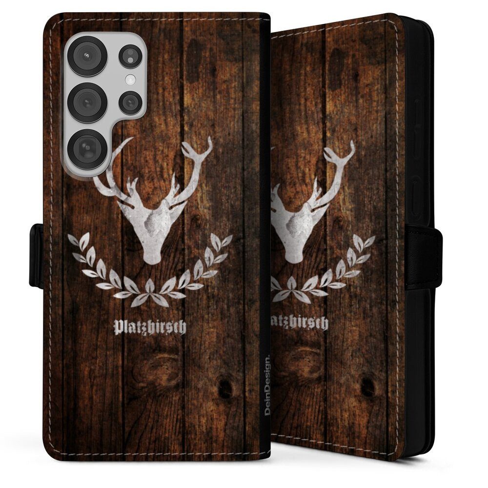 DeinDesign Handyhülle Hirsch Holzoptik Holz Platzhirsch, Samsung Galaxy S25 Ultra Hülle Handy Flip Case Wallet Cover
