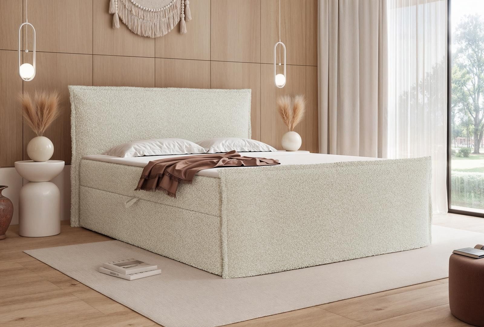 Compleo Boxspringbett Boucle oder Chenille-Stoff, Boxspringbett mit 2 Bettkasten (Größen zur Auswahl, optional mit Topper), Zeitlos-moderner klassischer Stil