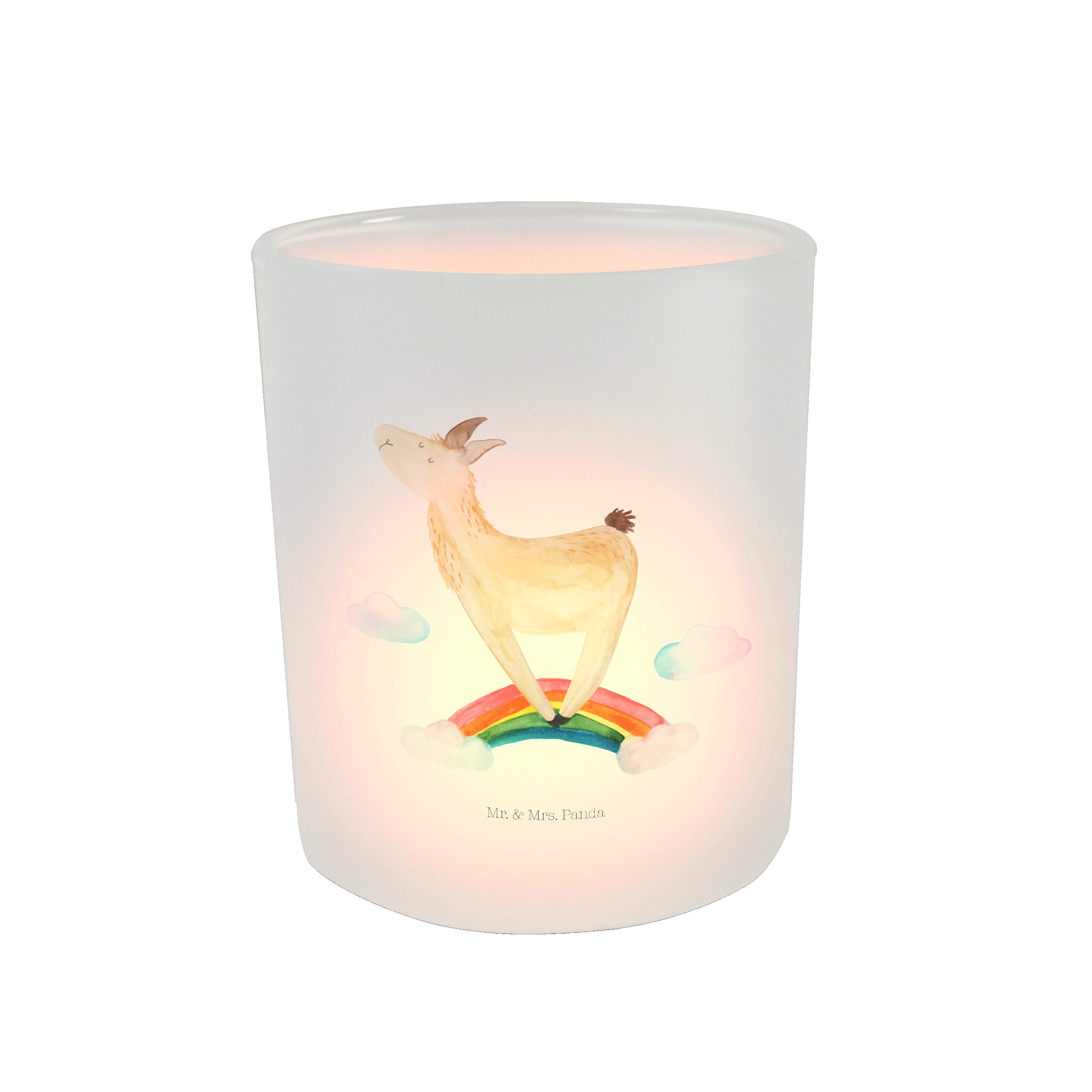 Mr. & Mrs. Panda Windlicht Lama Regenbogen - Transparent - Geschenk, Windlicht Glas, Kerzenlicht (1 St)