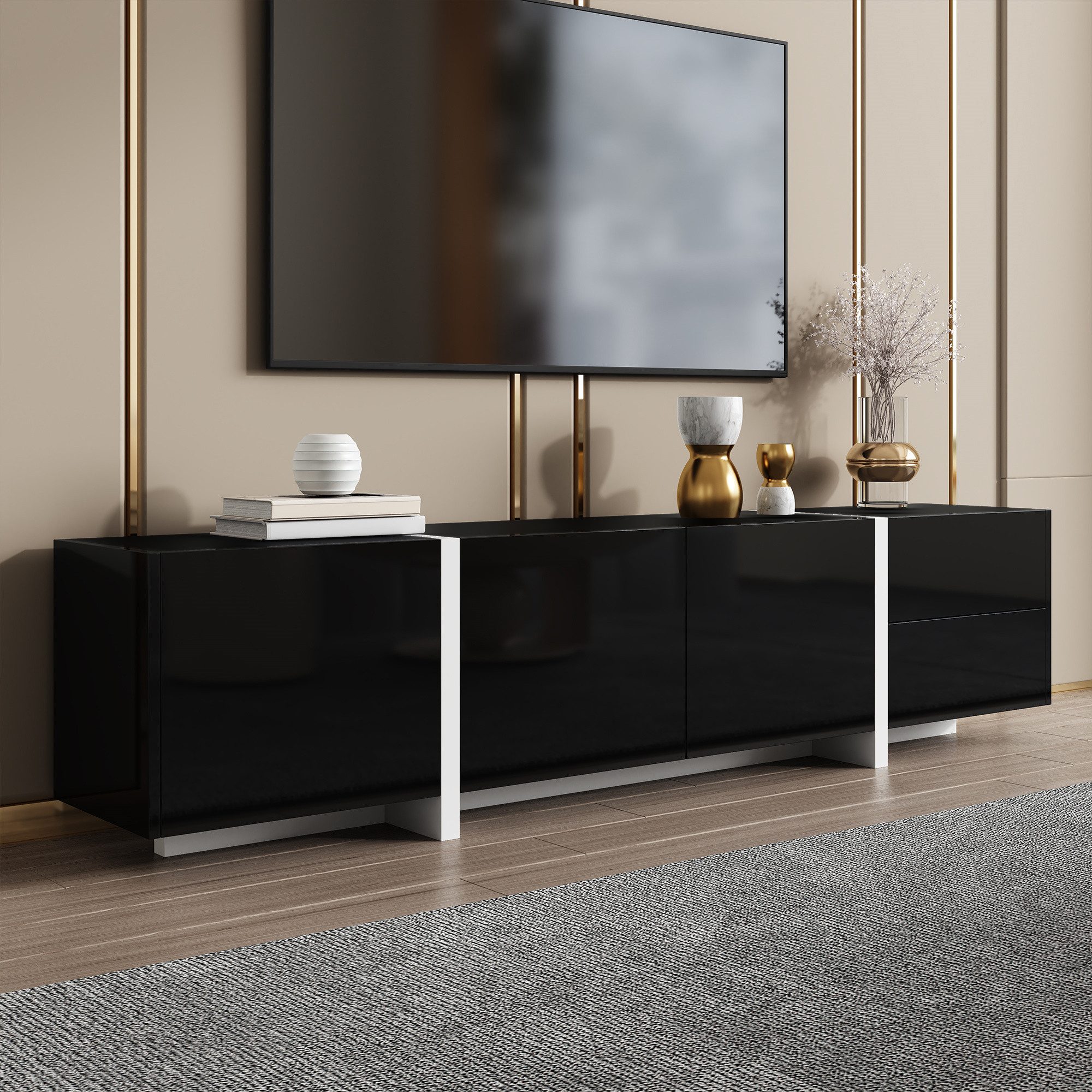 STILVORA Lowboard mit LED-Lichtleiste,TV-Schrank Fernsehschrank mit Schublade&Klapptüren (TV-Panel, Fernsehtisch, 1 St., 170*30*39cm), weißer und schwarz abgesetzte Tischbeine