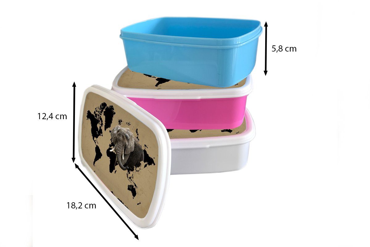 Schwarz Elefant, Weltkarte MuchoWow Brotbox Kunststoff, (2-tlg), für Brotdose Erwachsene, Lunchbox - Mädchen, Kinder, - Kunststoff Snackbox, rosa