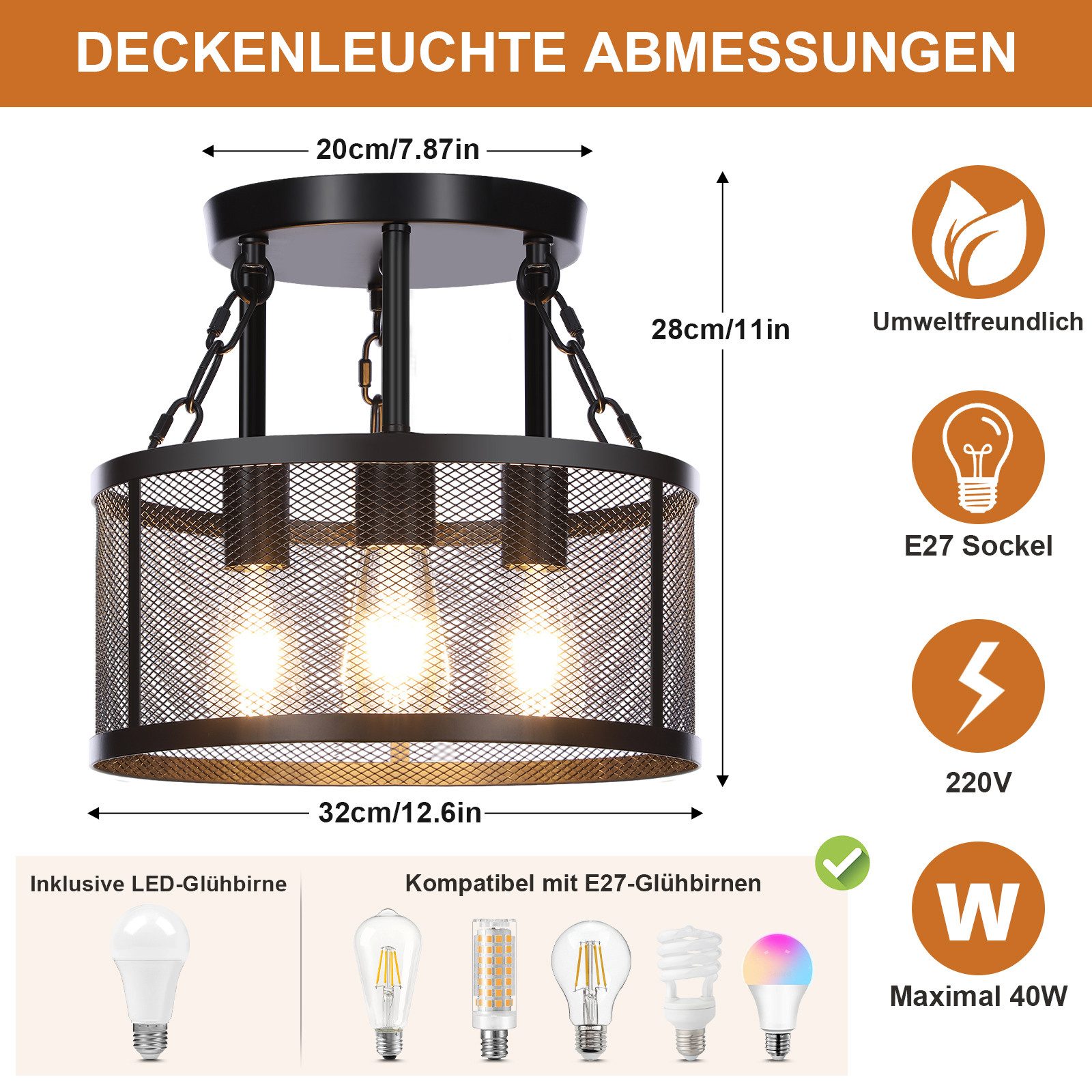 Rosnek LED Pendelleuchte Industrielle Pendelleuchte Dimmbar, E27, Metall-Gitterdesign, Halogen, Ø30 cm Pendelleuchte für Wohnzimmer, Küche, Esszimmer & Schlafzimmer