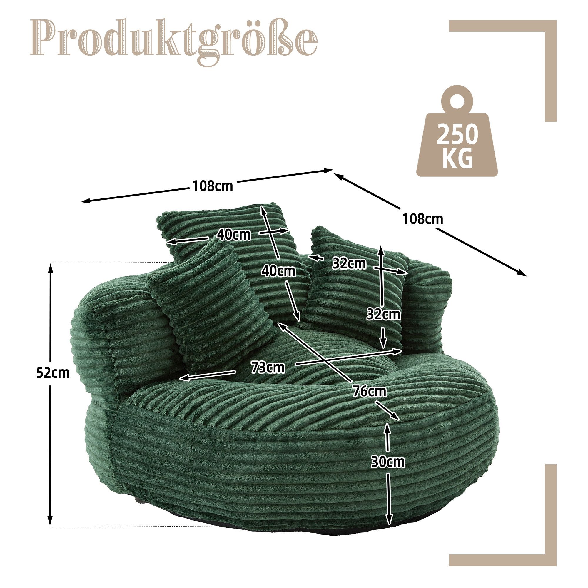 LVHOM Sitzsack 108x108x52cm Chenille Premium Sofa mit 3 extra Kopfkissen (Kuschelig & Atmungsaktiv, Einzelsitzer-Lounge, komplett komprimiert geliefert. Perfekt – Bild 3 von 5