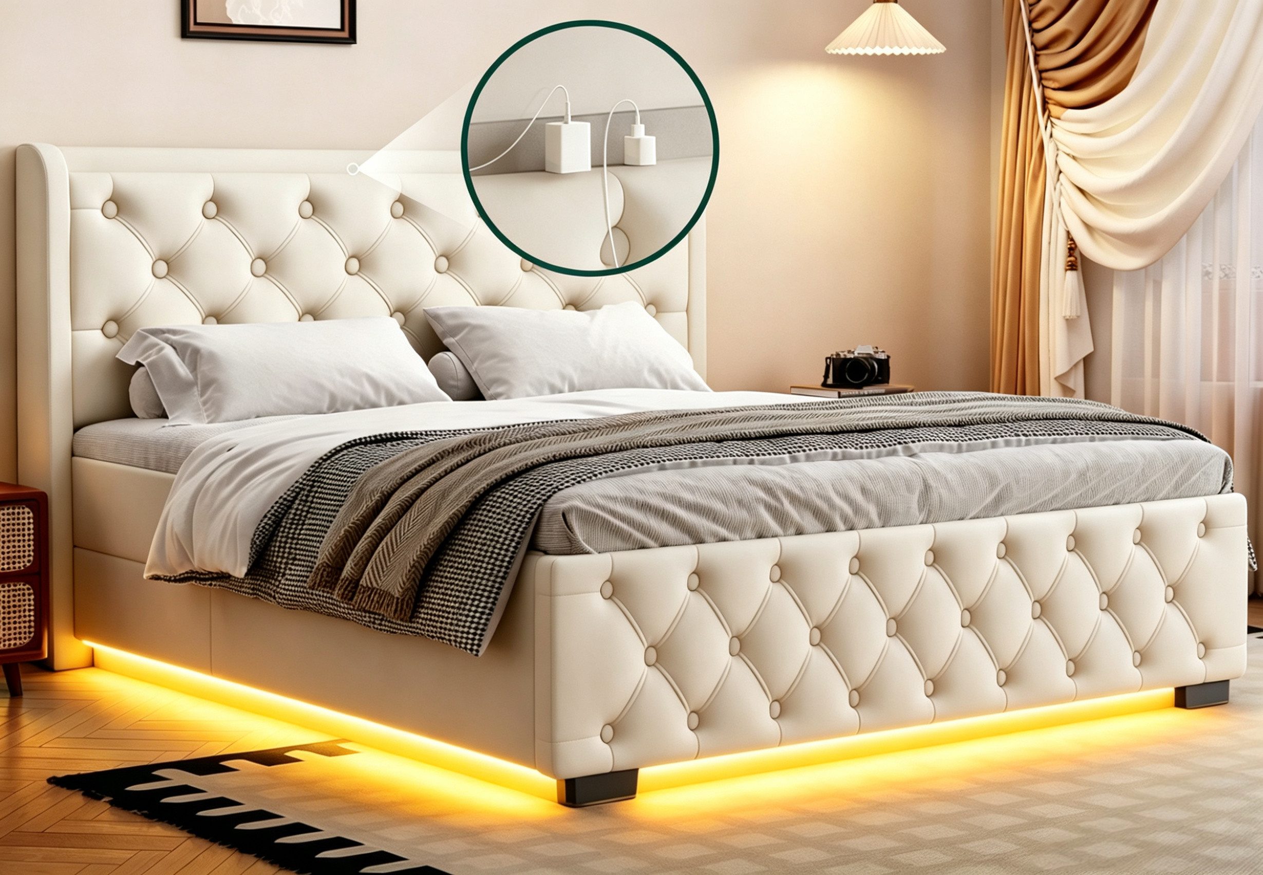 Lexzurn Polsterbett Doppelbett 140x200 cm,mit LED-Licht und Ladeanschluss (hydraulisches Speicherbett (680-Liter-Stauraum, Metallrahmen und Massivholz-Lattenrost,geräuscharmes Design), USB-Anschluss/Doppelsteckdose, Aufladen ohne Aufstehen), Samtstoff