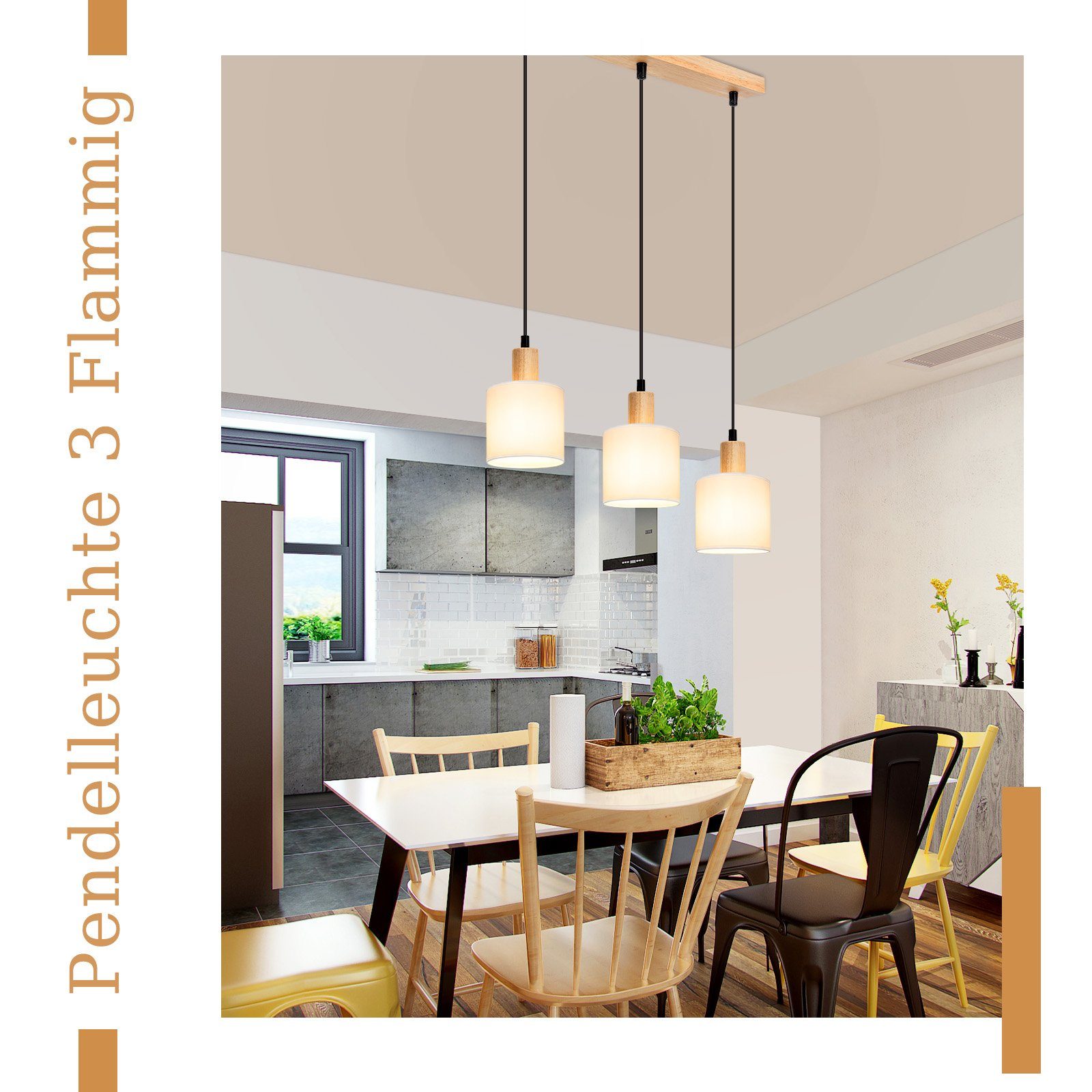 Nettlife Pendelleuchte Vintage Holz Stoff Weiß 1/3 Flammig E14 Rustikale Beleuchtung, Höhenverstellbar, LED wechselbar, Küche Wohnzimmer Restaurant Schlafzimmer Flur