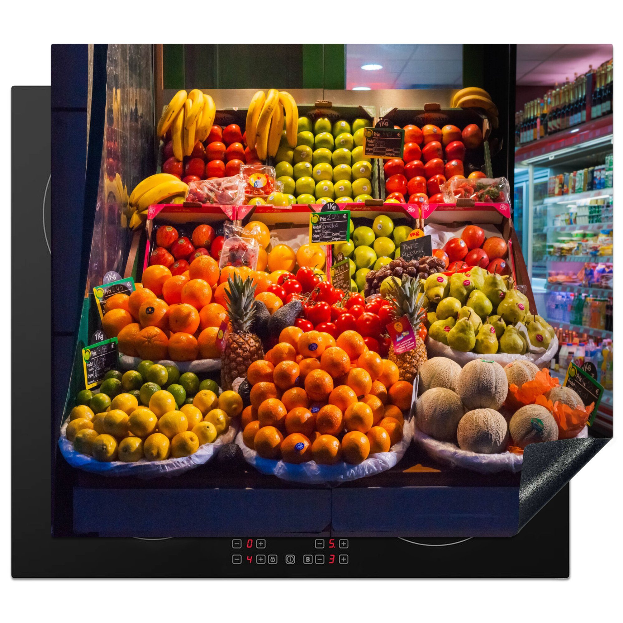 MuchoWow Herdblende-/Abdeckplatte Obst - Stand - Markt - Frankreich, Vinyl, (1 tlg), 60x52 cm, Mobile Arbeitsfläche nutzbar, Ceranfeldabdeckung