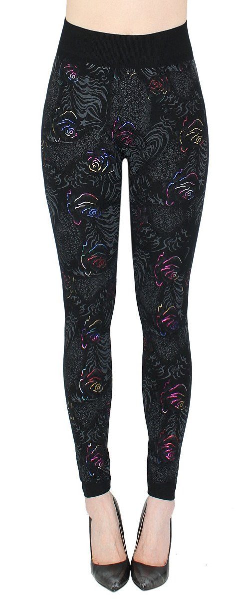 Highwaist Leggings Damen Leggings Schwarz mit Glanz Wet-Look Druck Muster Frauen Leggins