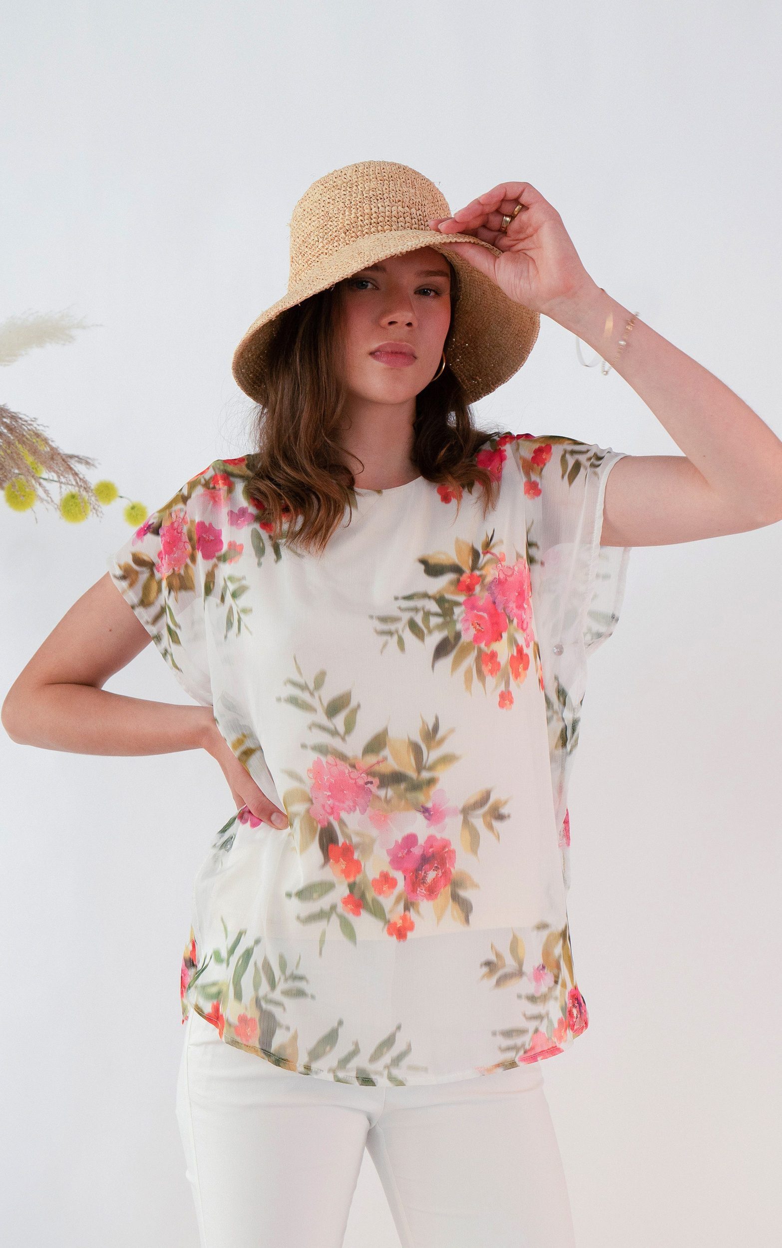 Passioni Chiffontunika Tunika mit pinkem Blumenprint und transparenten Absc günstig online kaufen