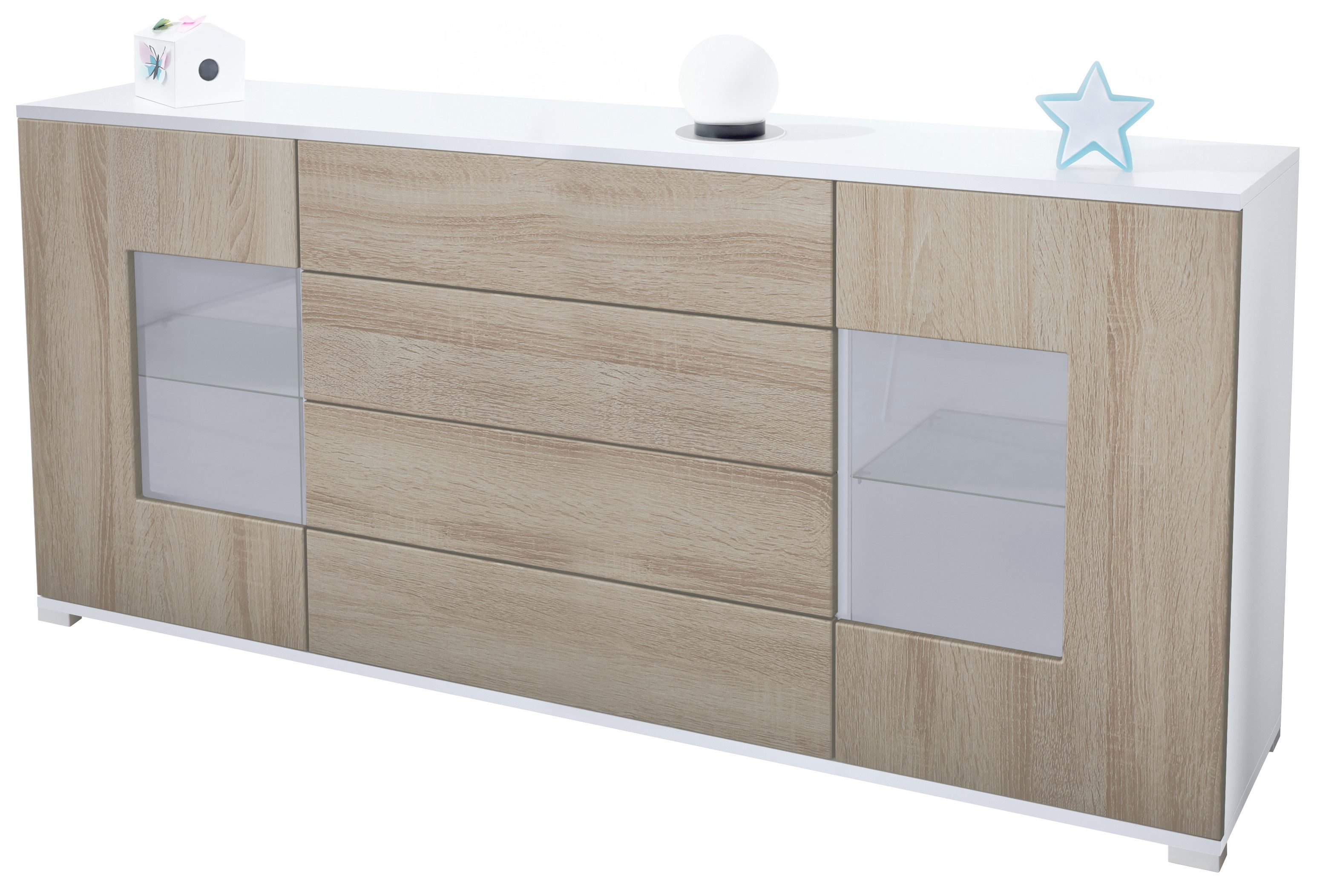 Vladon Sideboard Grömitz V2 (Kommode mit 2 Türen, 4 Schubladen und 2 flexible Glaseinlegeböden), Weiß matt/Eiche sägerau (166,5 x 75,5 x 35)