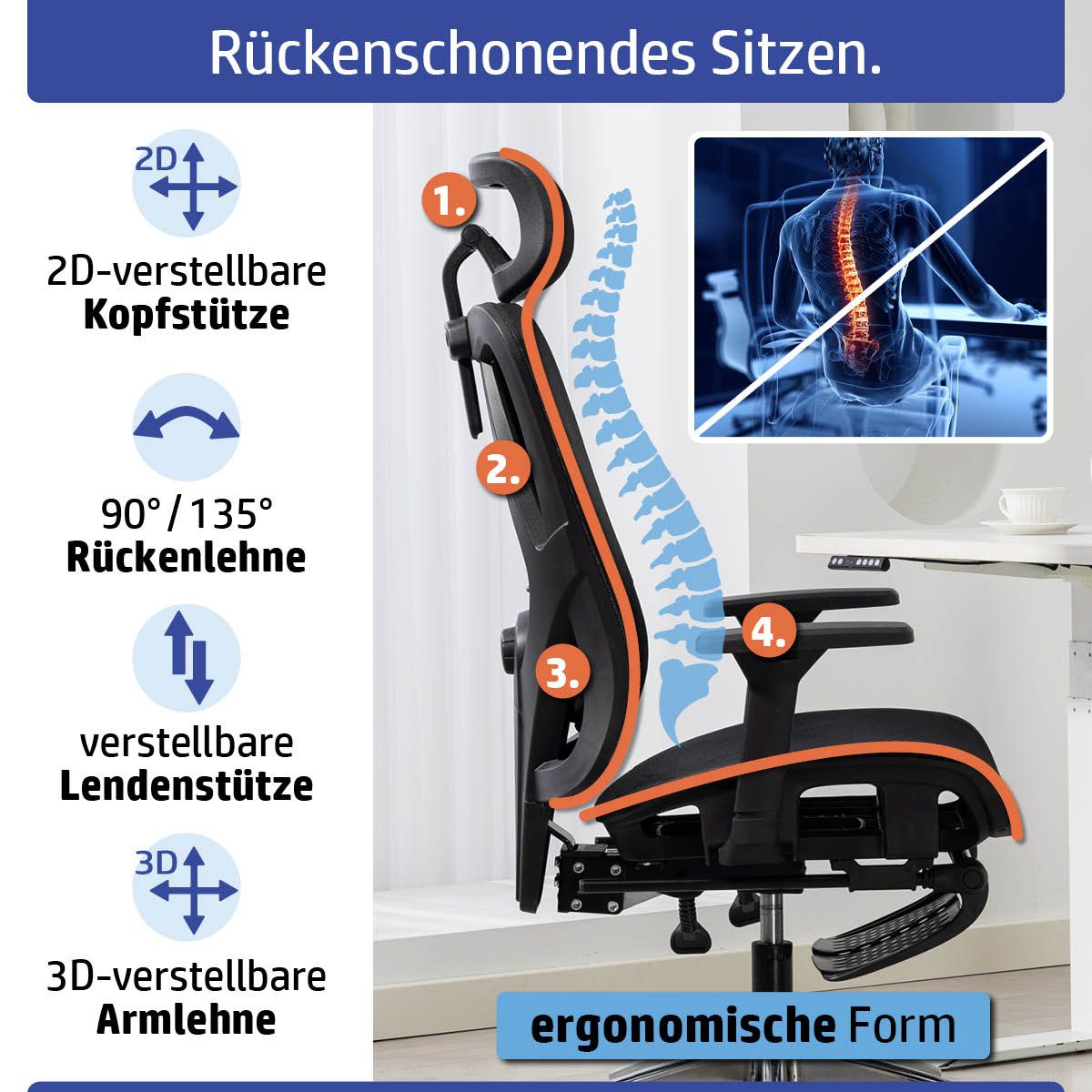 AMBINESS Bürostuhl Schreibtischstuhl, verstellbare Armlehnen & Kopfteil, 6 Modelle (Ergonomisch, stufenlos verstellbare Lendenstütze), inkl. 2 Rollensets, bis 150kg
