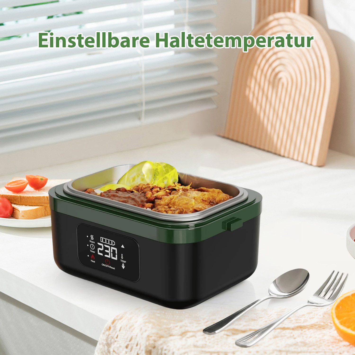 AKKEE Elektrische Lunchbox 1L Electric Lunch Box for Adult mit automatischer Aufheizfunktion, Wärmespeicher- und Timer-Heizfunktionen