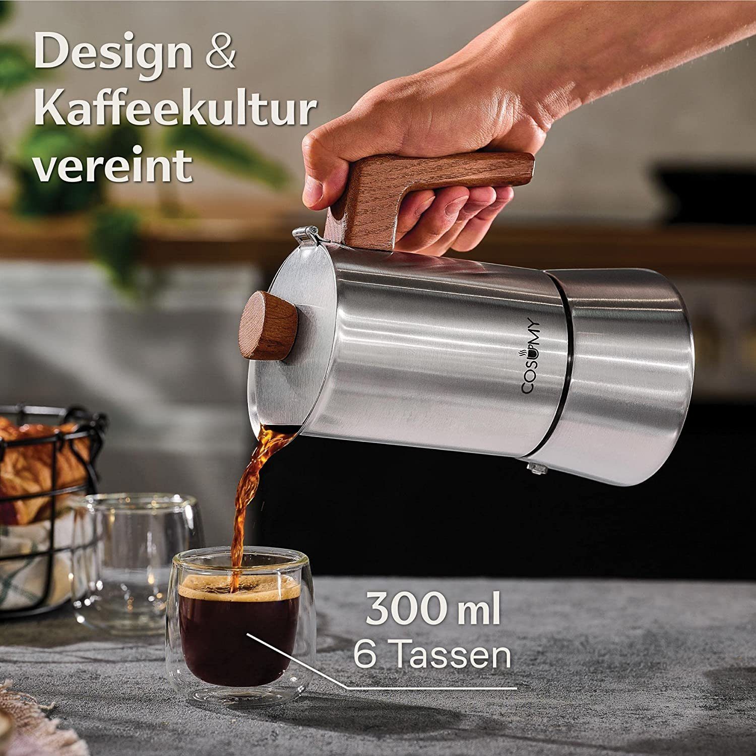 Cosumy Espressokocher, Induktionsgeeignet, FSC-zertifiziertes Eichenholz
