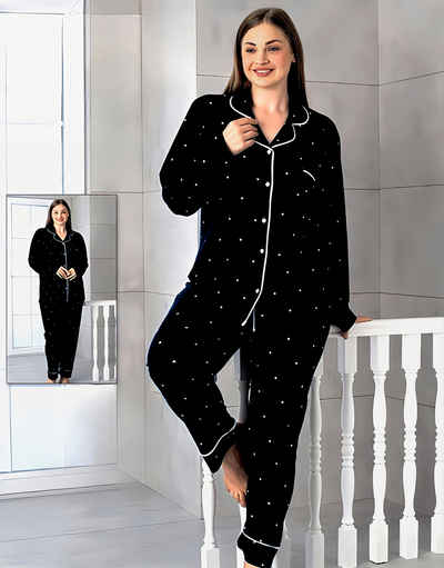 fashionshowcase Schlafanzug Plus Size Damen Pyjama Hemd Elastische Hose Nachtmode Baumwolle XL-4XL (Set, Hemd+Hose) schöner Kragen