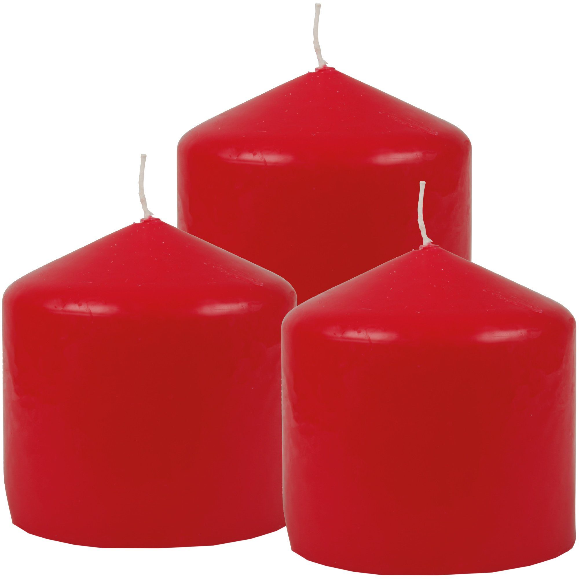 HS Candle Stumpenkerze Blockkerze (3-tlg), Wachskerzen Ø8cm x 8cm - Kerze in vielen Farben Rot