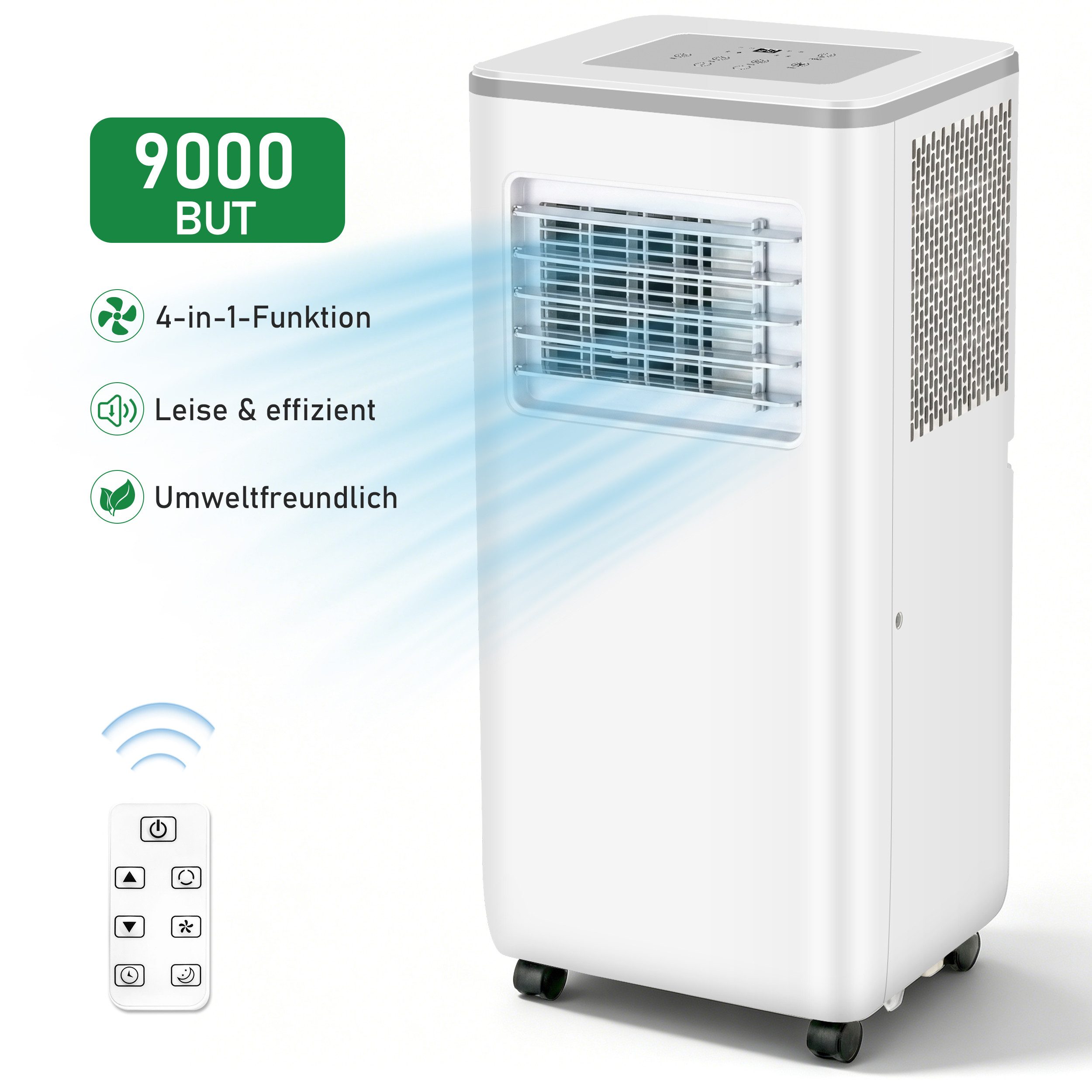 WHEELYOU 4-in-1-Klimagerät 9000 BTU mit Fensterkit, Timer & Fernbedienung, für 20–30 m², Mobile Klimaanlage mit Schlafmodus und LED-Display
