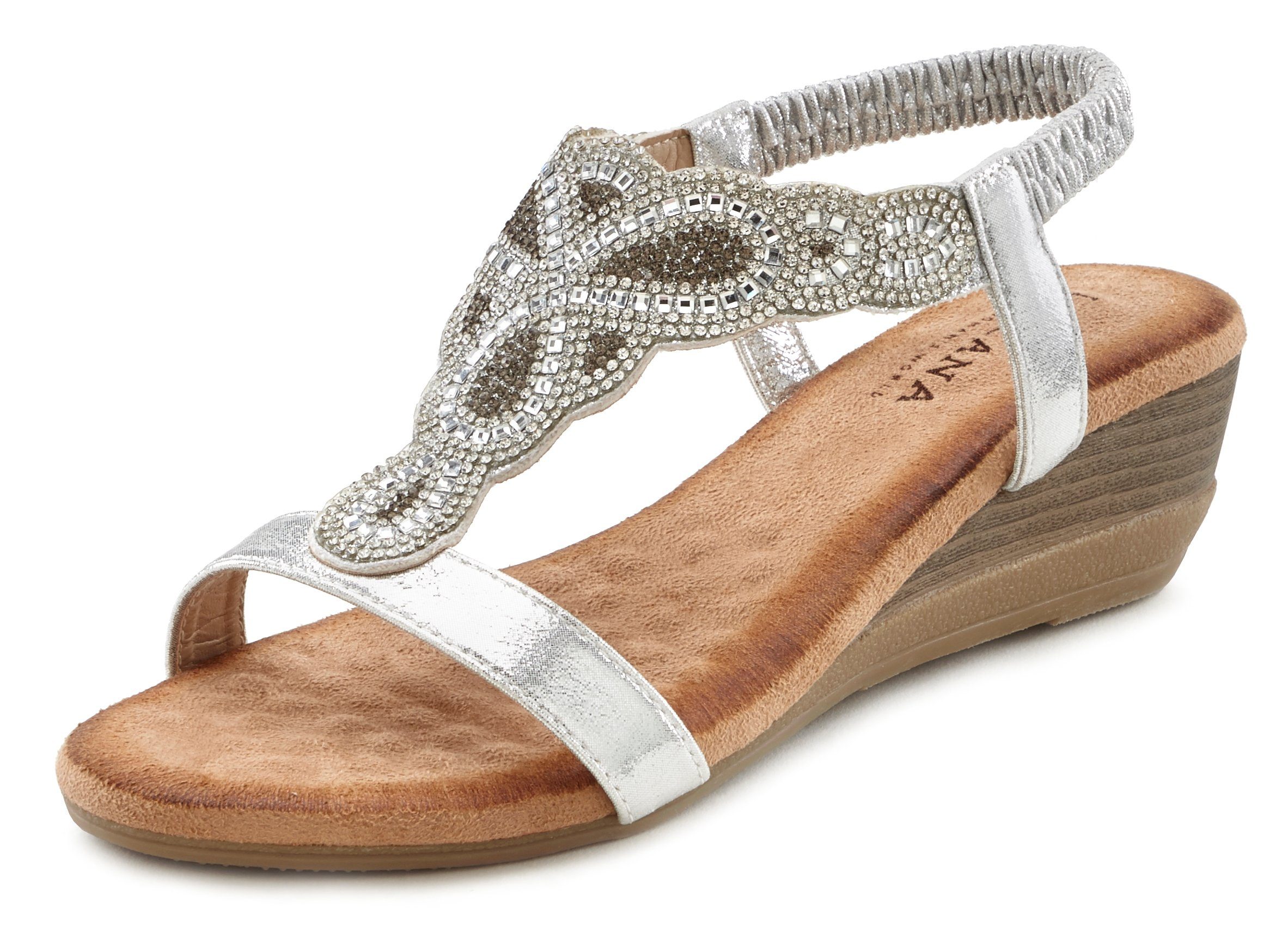 mit Glitzer-Steinchen Keilabsatz Sommerschuh Sandalette, und leichtem Sandale LASCANA