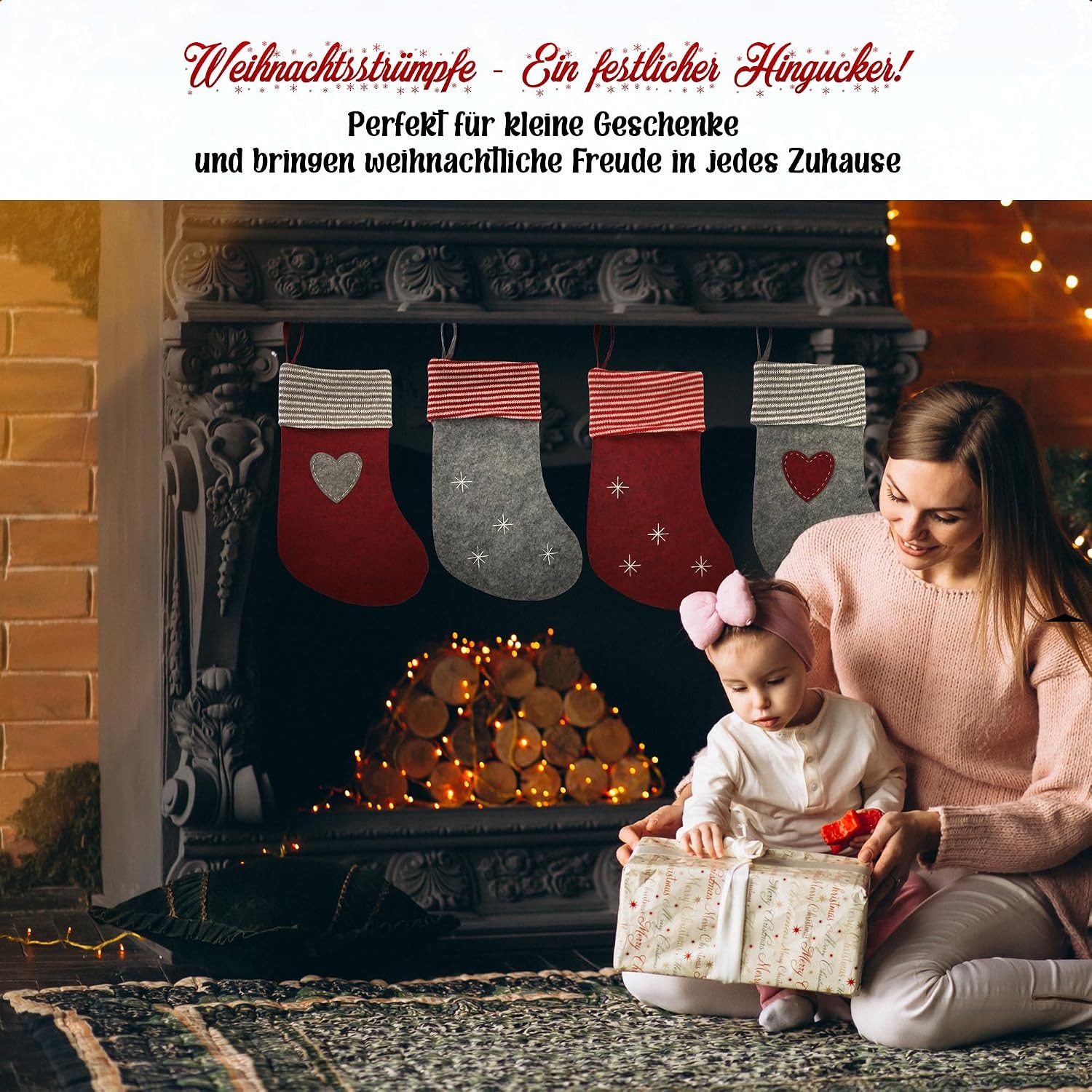 hausleben Dekohänger Weihnachtsstrümpfe (12 St), Nikolausstiefel aus Filz in Rot & Grau - 29cm