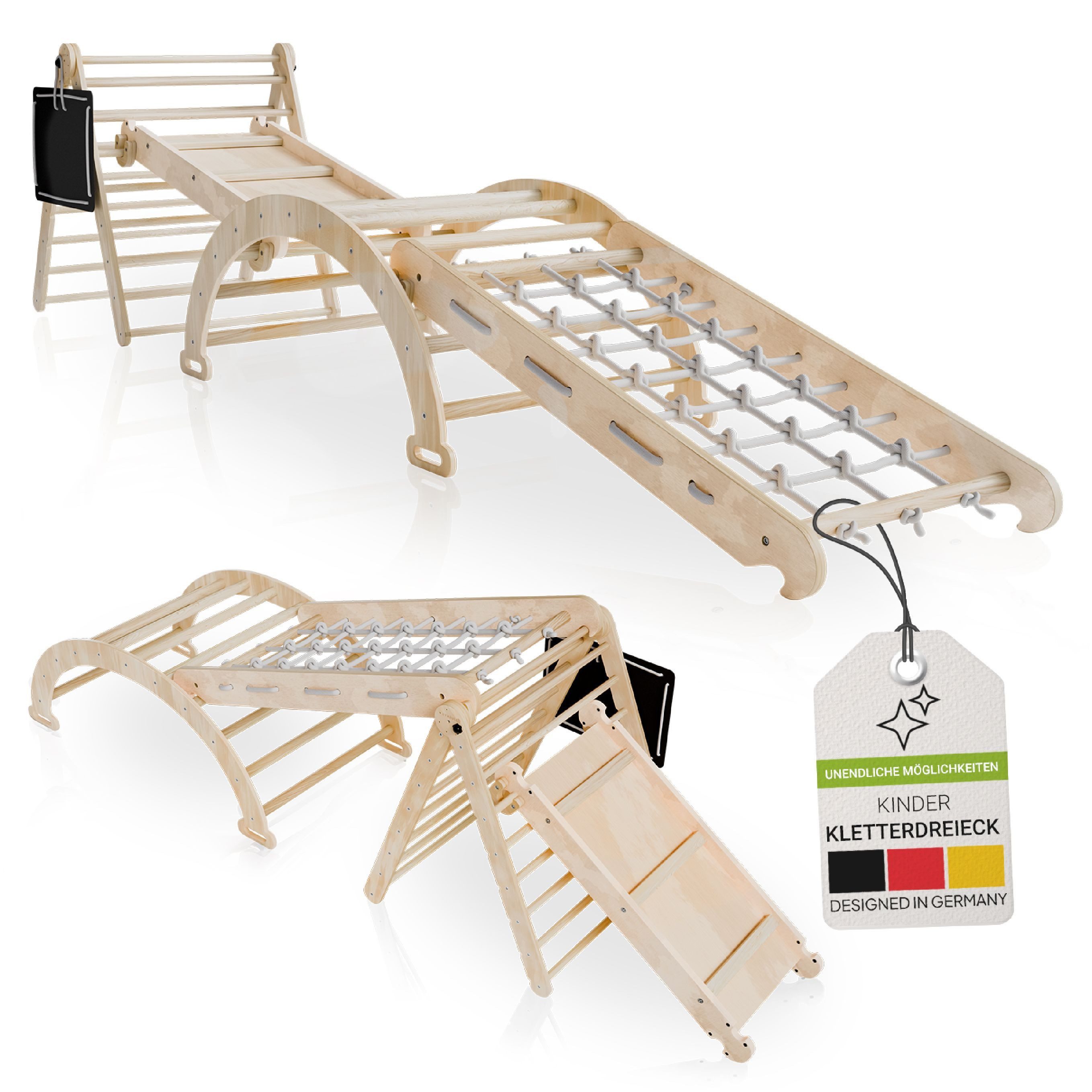 Juskys Klettergerüst Movario Groß, (6-St), Indoor Kletterdreieck, Kletterbogen mit Kissen, Rutsche, Tafel