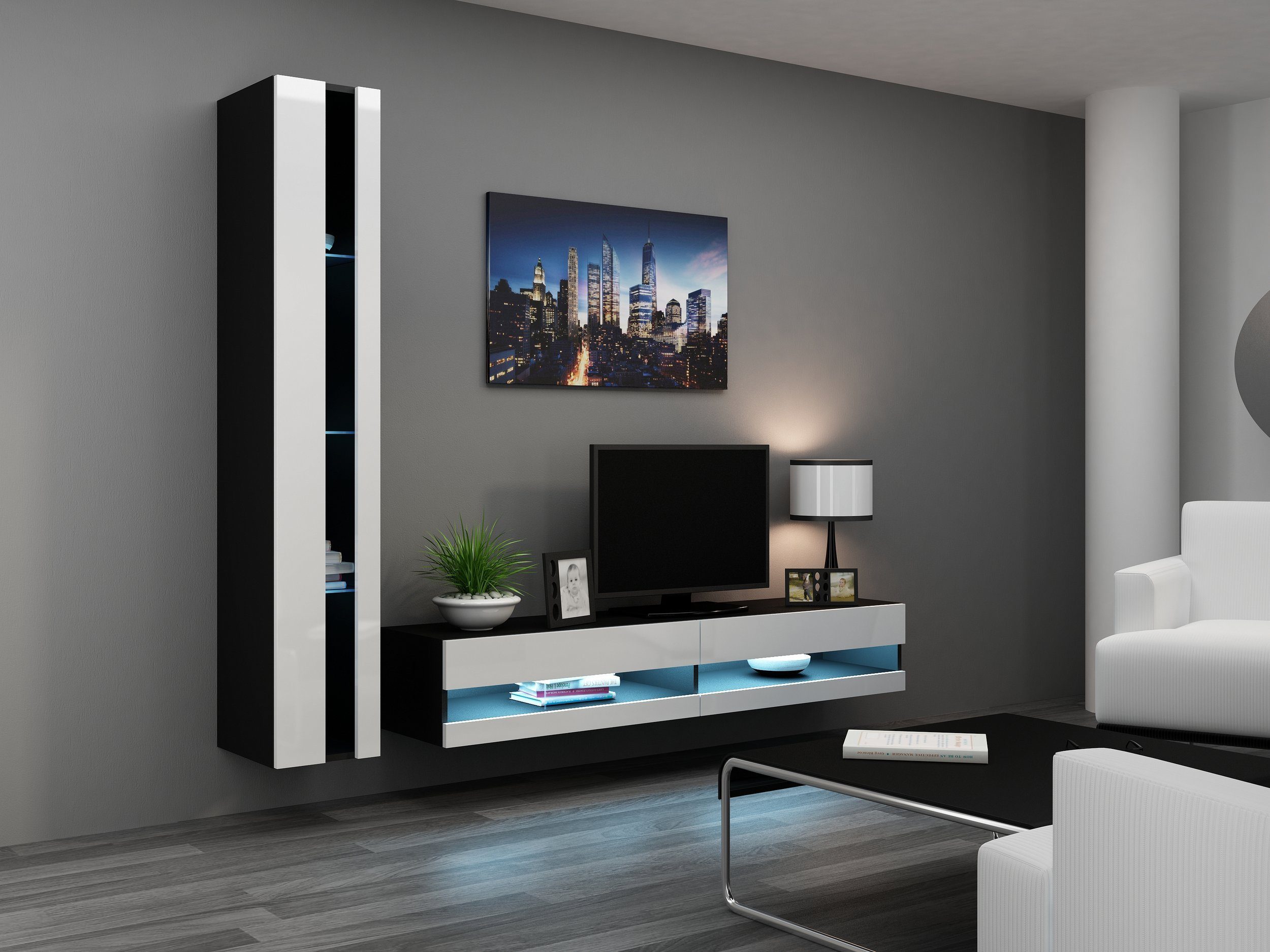 Stylefy Wohnwand Vago Glaselemente LED-Beleuchtung, Wohnzimmer-Set), (2-St), und mit (Set VIII, 1xLowboard N Wohnmöbel, Schwarz/Weiß 1xHängevitrine, aus Push-to-Open, bestehend inkl