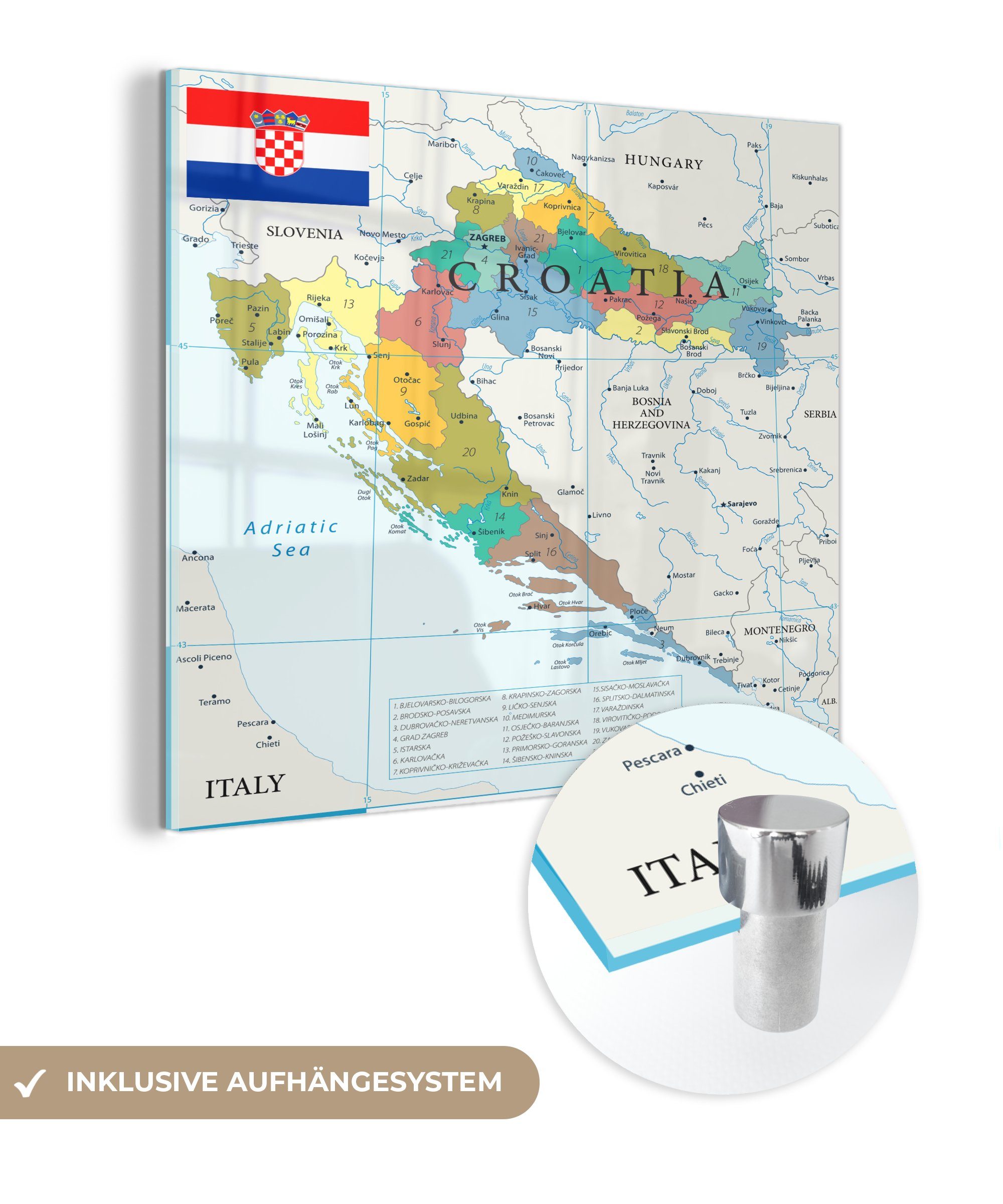 MuchoWow Acrylglasbild Detaillierte Karte von Kroatien mit den Nachbarländern, (1 St), Glasbilder - Bilder auf Glas Wandbild - Foto auf Glas - Wanddekoration