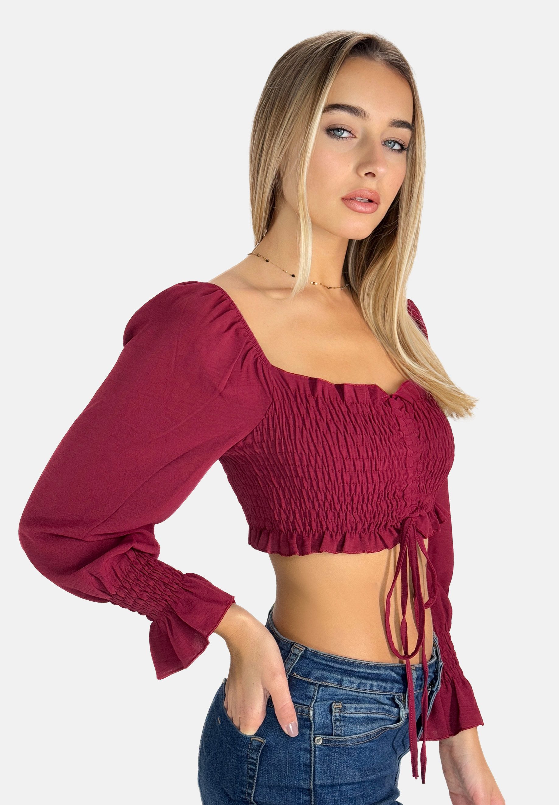 Elara Blusentop – Damen Crop Top mit Carmen-Ausschnitt, Puffärmeln und Raffung