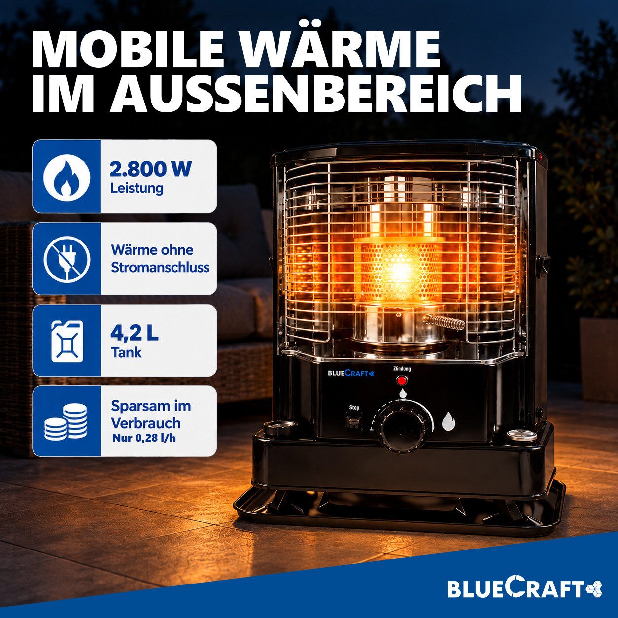 BlueCraft Petroleumheizung Petroleumofen Dochtofen mobile Camping-Heizung Heizofen ohne Strom, Inklusive Docht und Handpumpe Heizstrahler sparsam Heizer Heizger – Bild 2 von 5