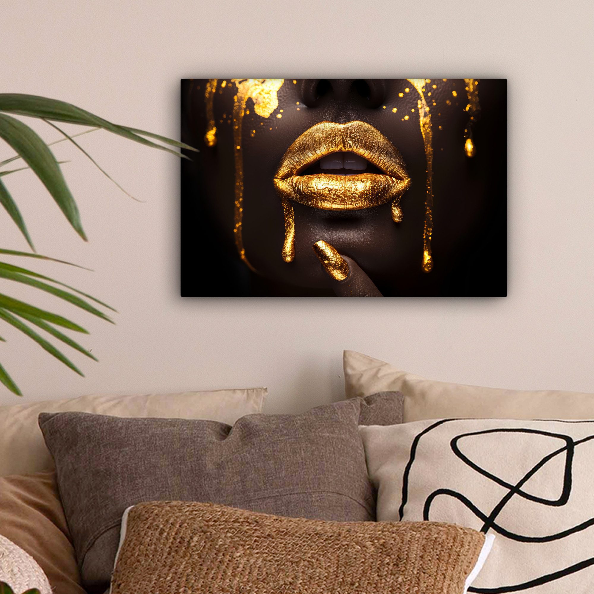 OneMillionCanvasses® Leinwandbild Goldene Lippen - Gesicht günstig online kaufen