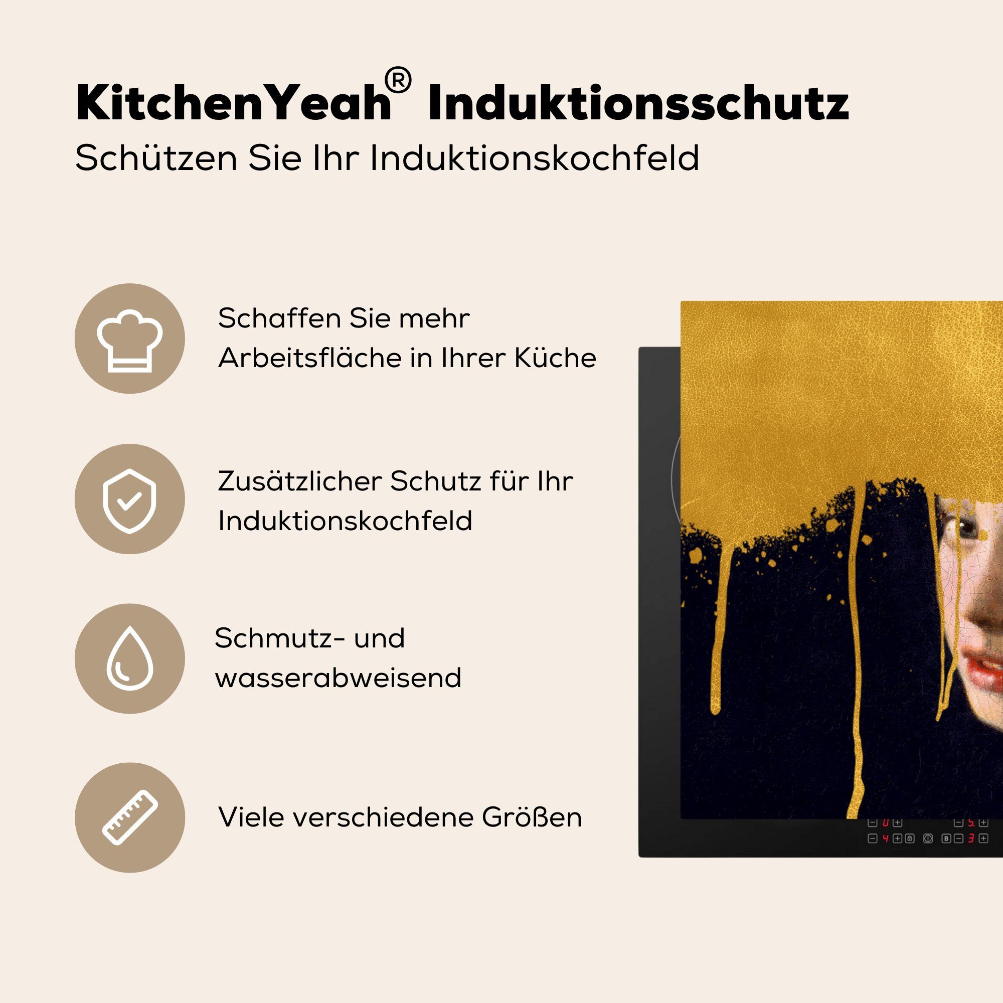 mit Mädchen (1 Induktionskochfeld - küche, Vinyl, MuchoWow Perlenohrring Vermeer, Schutz einem Ceranfeldabdeckung Herdblende-/Abdeckplatte - für tlg), die 81x52 cm, Gold