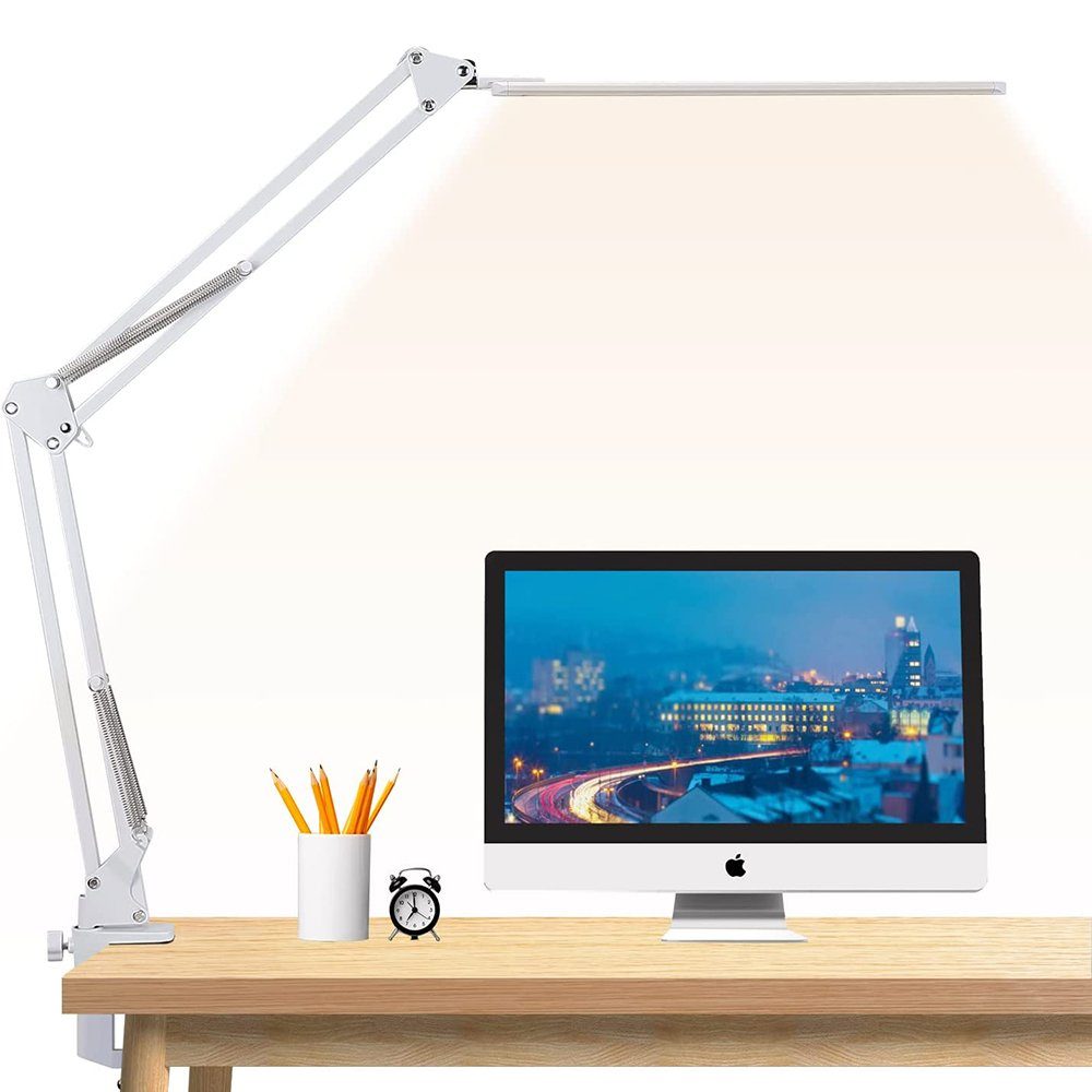 GelldG LED Schreibtischlampe Schreibtischlampe, Dimmbar Klemmbar Architektenlampe mit Schwenkarm weiß