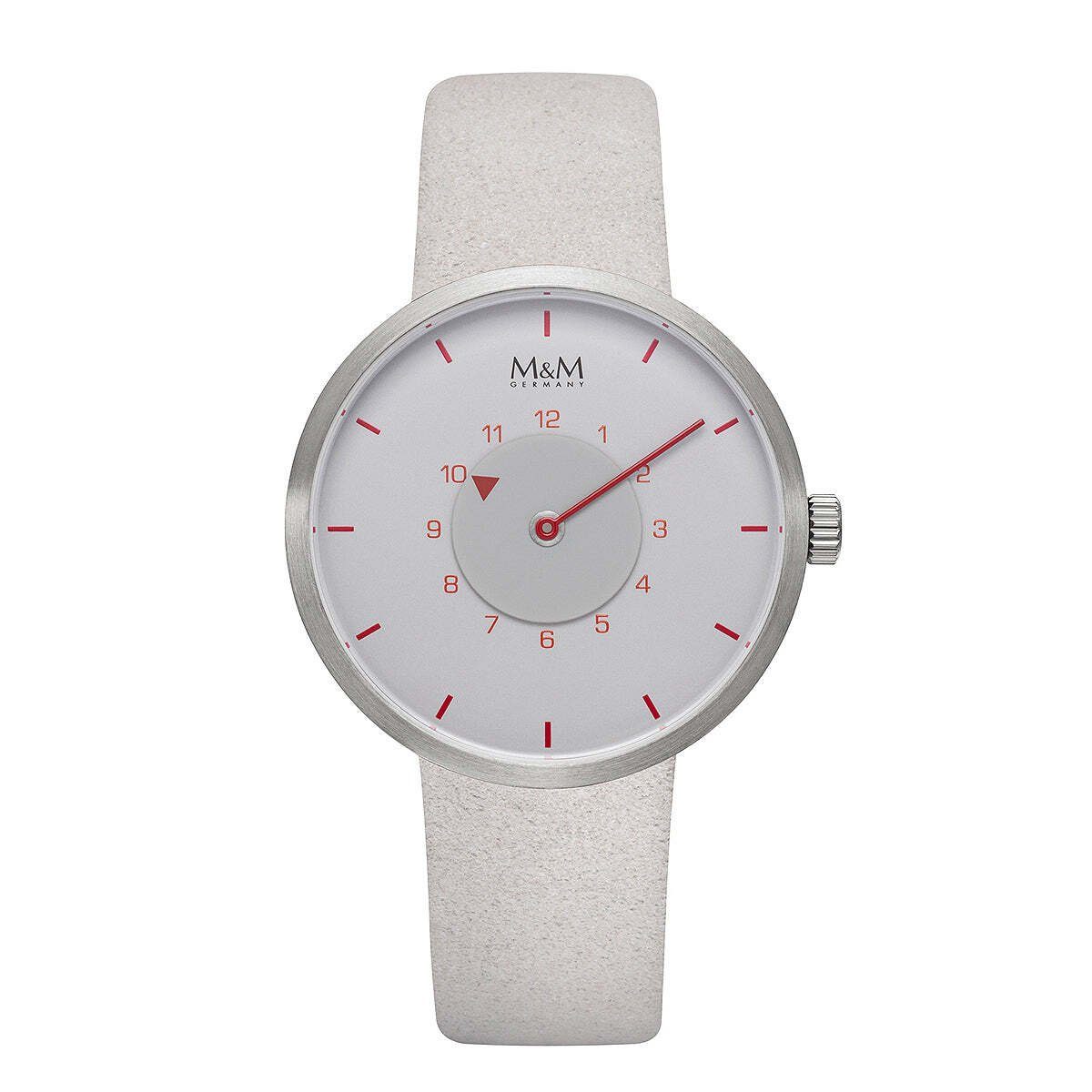 M&M Quarzuhr Armbanduhren Microfaser Vegan Line, (1-tlg), Analoguhr rund, Designer Uhr, deutsche Manufaktur, inkl. edles Etui Zifferblatt hellgrau-rot, Armband hellgrau, Gehäuse silber