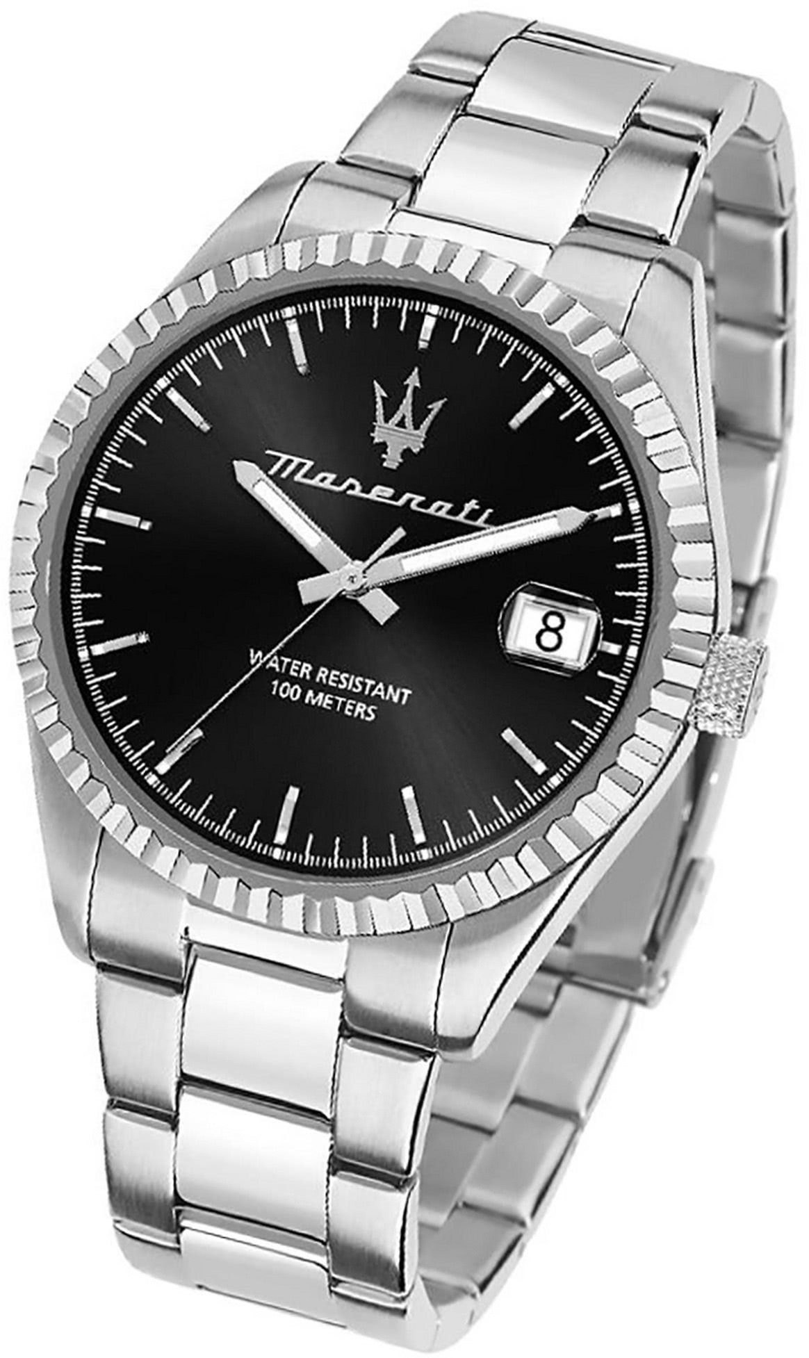 MASERATI Quarzuhr Maserati Edelstahl Armband-Uhr, Herrenuhr  Edelstahlarmband, rundes Gehäuse, groß (ca. 43mm) schwarz