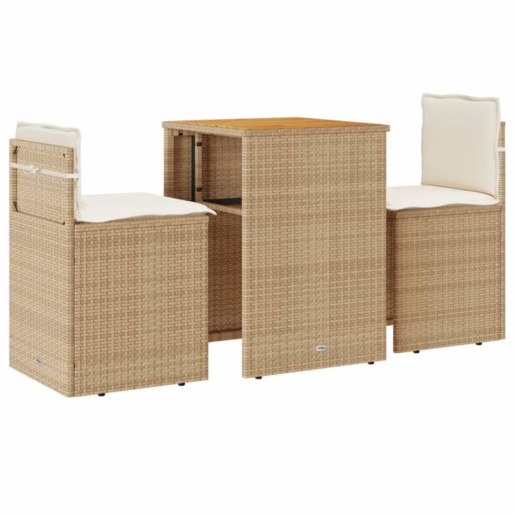 vidaXL Gartenlounge-Set 3-tlg. Bistro-Set mit Kissen Beige Poly Rattan, (1-tlg)