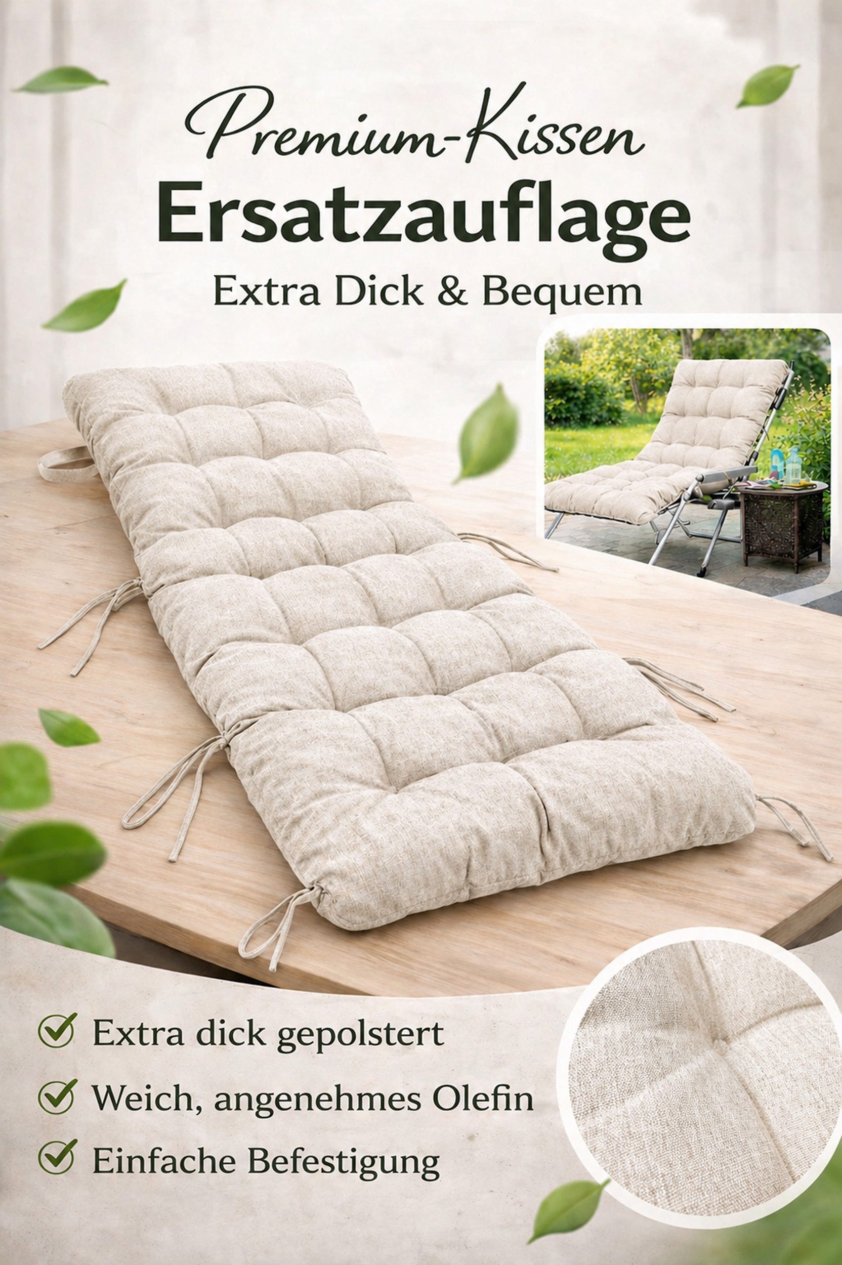 Quick Star Auflagekissen Liegestuhl Auflage - Anthrazit, Hellgrau, Creme, Leinen
