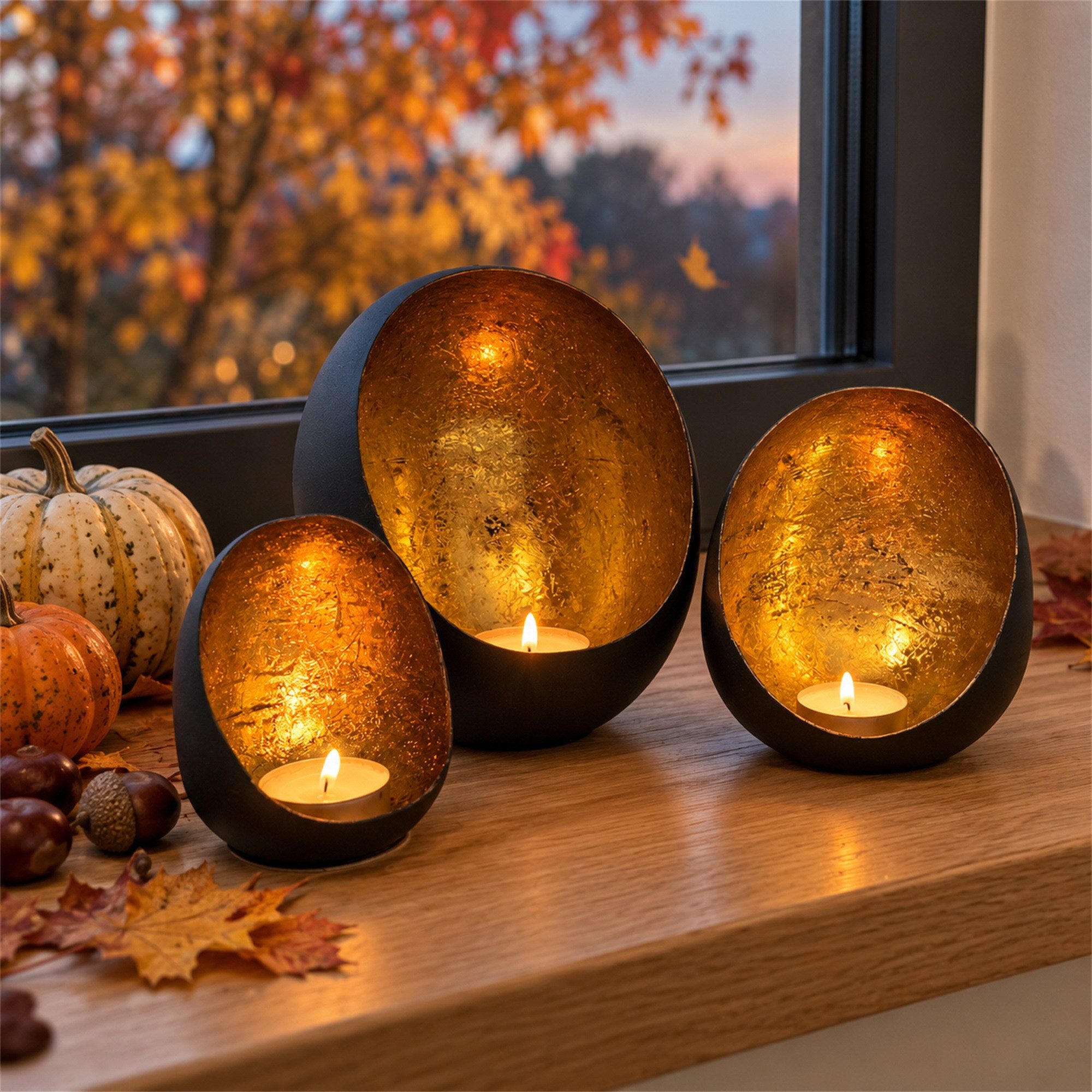INtrenDU Teelichthalter oval aus Metall, schwarz matt, 10 bis 16 cm hoch (3 St), innen goldfarben in Blattgold-Optik