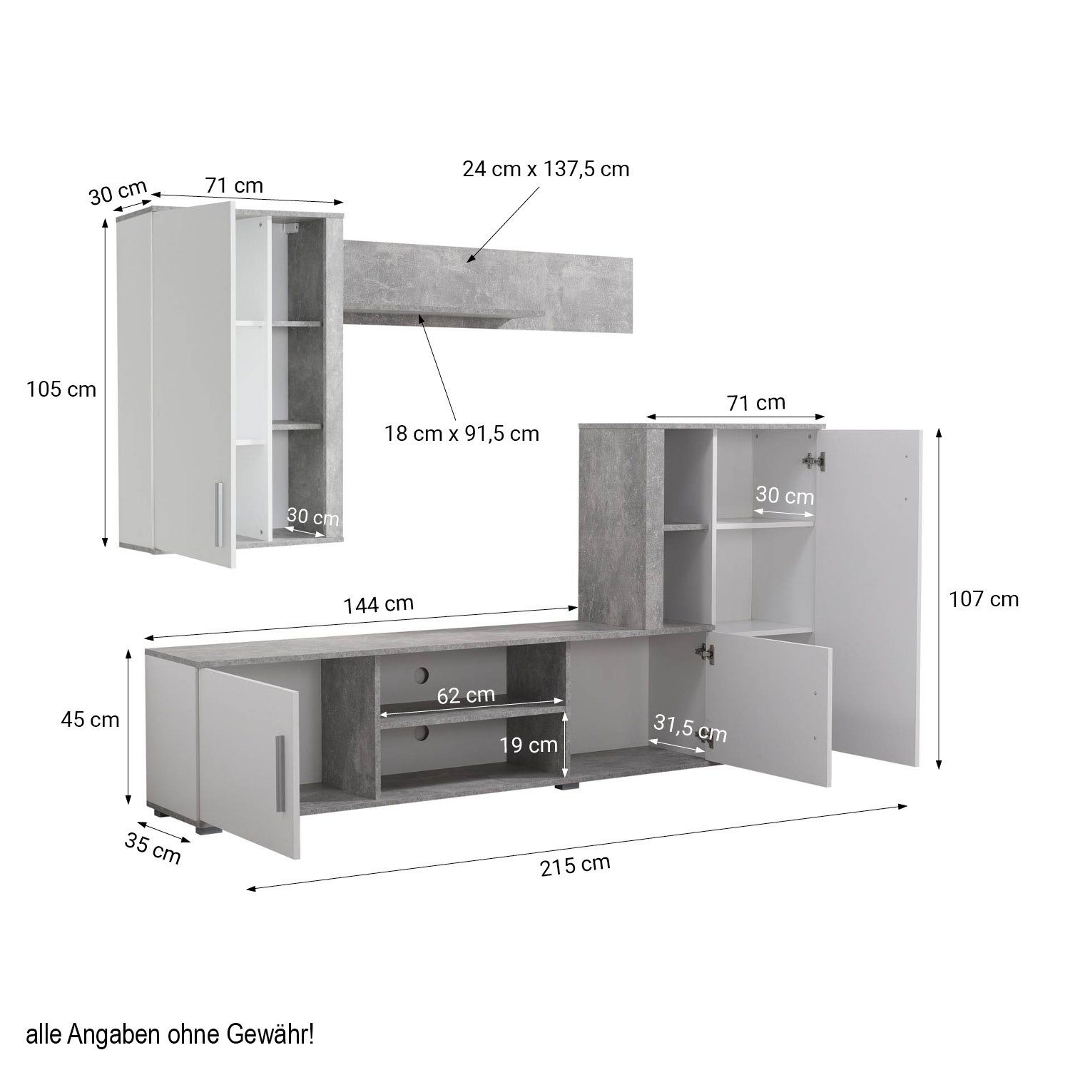 Homestyle4u (3-St) Holz, Anbauwand Weiß Wohnzimmer-Set Schrankwand Wohnwand Beton Modern Optik