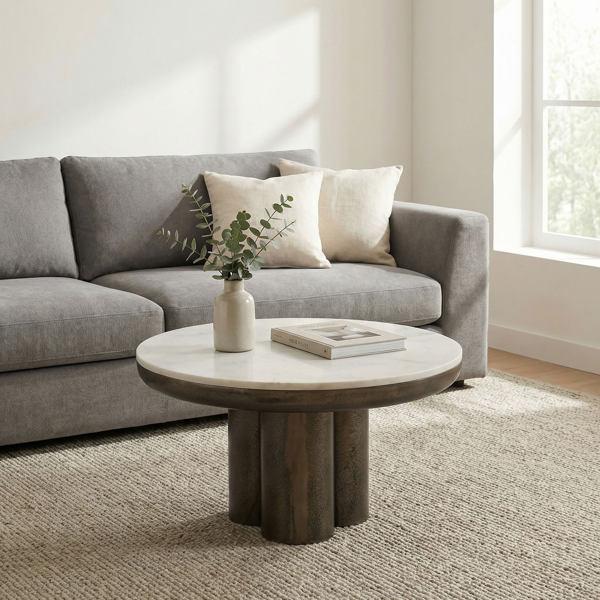 FINEBUY Couchtisch FB116659 60cm mit Marmor Platte weiß Wohnzimmertisch Beistelltisch Alu (Extravaganter Tisch in massiver Säulenoptik), Glatte Marmorplatte auf dunklem Aluminium
